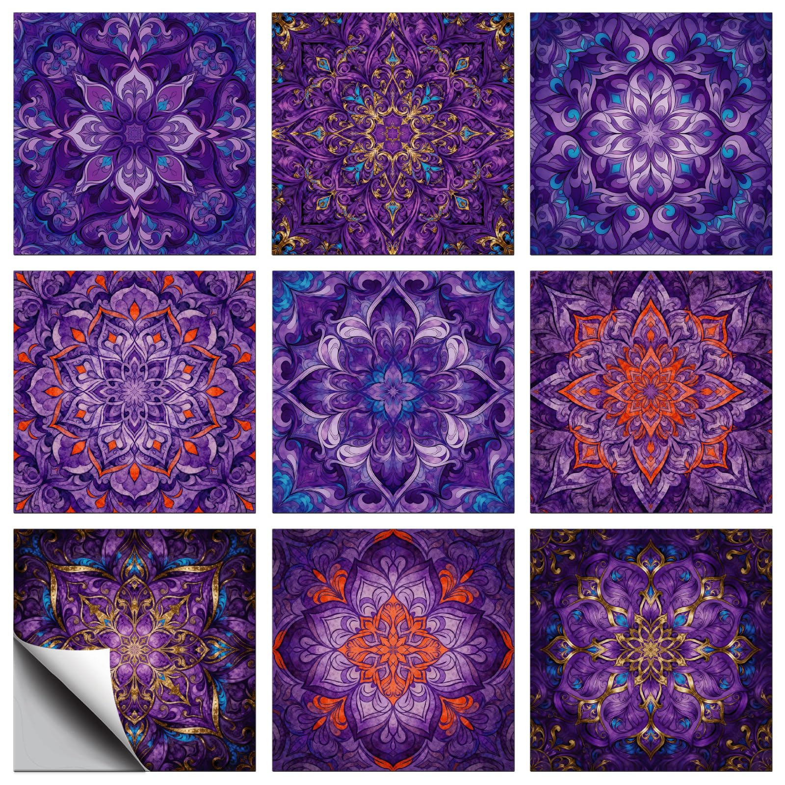 CHGCRAFT 36 Pcs 9 Styles Purple Datura Bohemian Pattern Tile Stickers Peel and Stick Waterproof Self Adhesive Decals, for Kitchen Bathroom Wall Decor 4x4 Inch