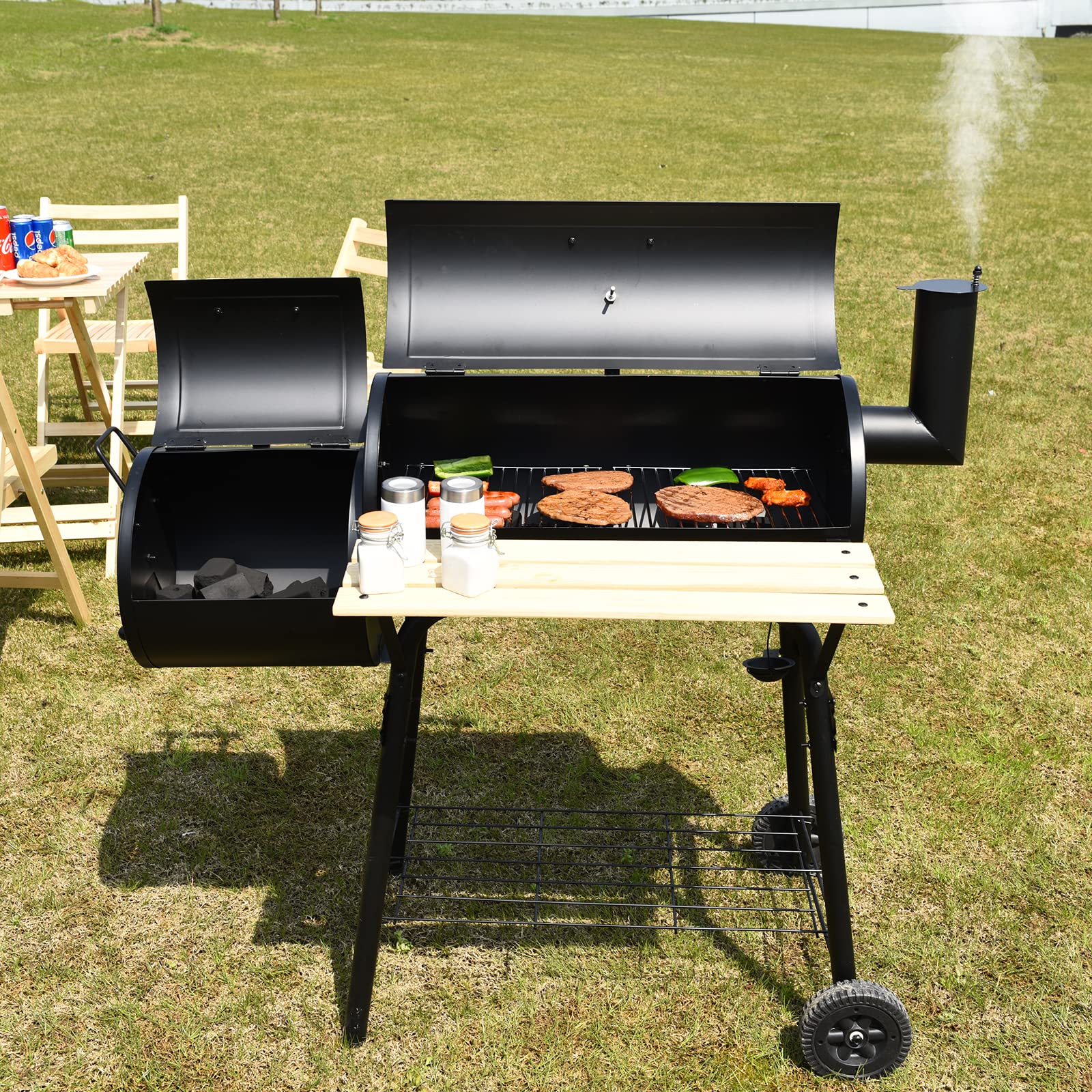 COSTWAY Grill na węgiel drzewny z pokrywką, wędzenie 2 w 1, grill na kółkach z kółkami, boczne palenisko, stół boczny, regał, uchwyty drewniane, termometr, grill na węgiel drzewny, na kemping, taras