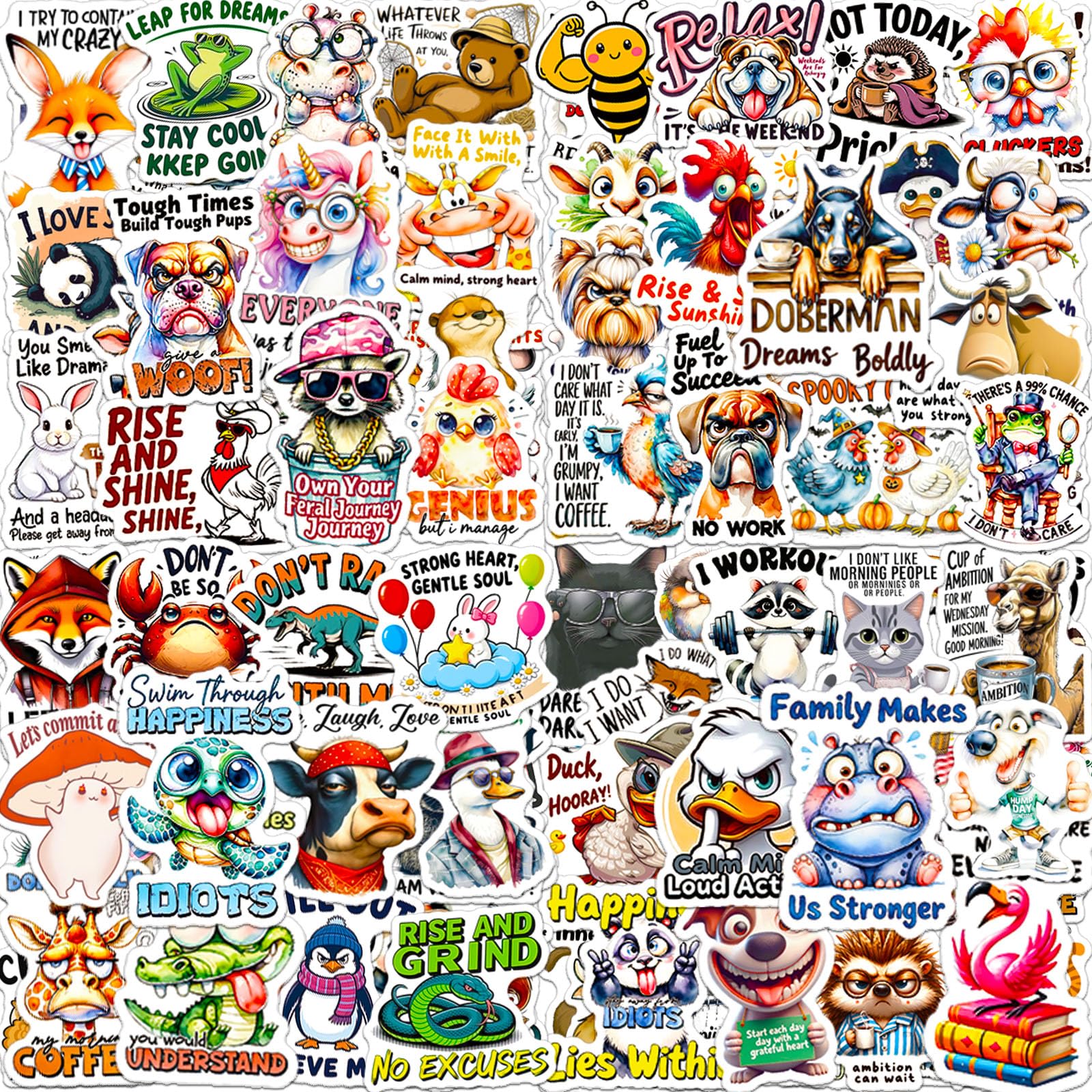 Fun Animal Stickers with Witty Phrase 200 Pcs Playful Animals Sticker Pack, Waterproof Vinyl Stickers for Water Bottles Laptop Scrapbooking Journal Scooter Luggage Skateboard Tumbler Cup Notebook etc