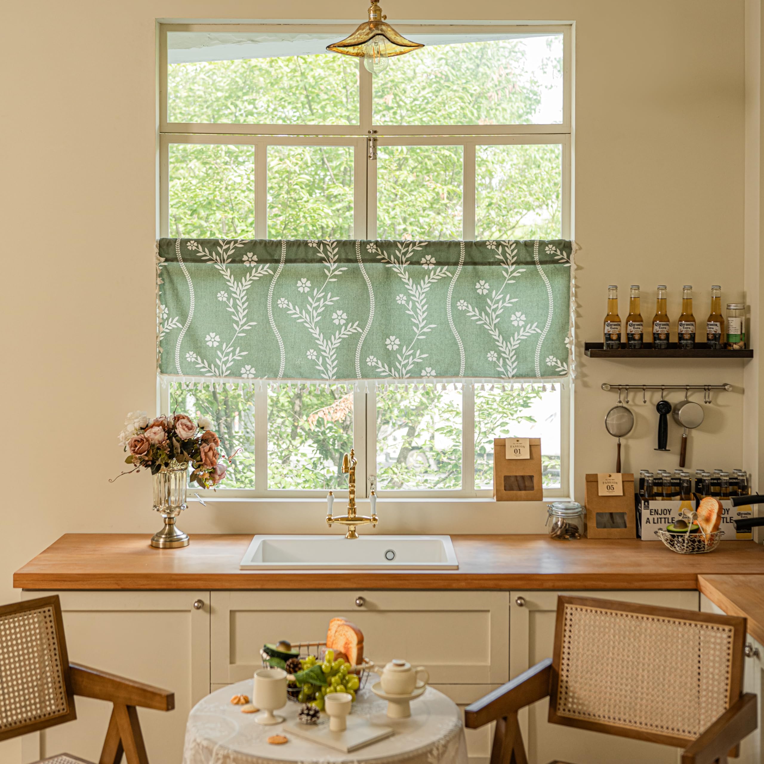 Sutuo Home Boho Linen Short Curtains Valance for Bedroom Cafe, Bohemian Semi Sheer Tassles Privacy French Country Print Floral Drape Christmas Wall Decor Rod Pocket,52" W x 18" L,Olive Green 1 Panel