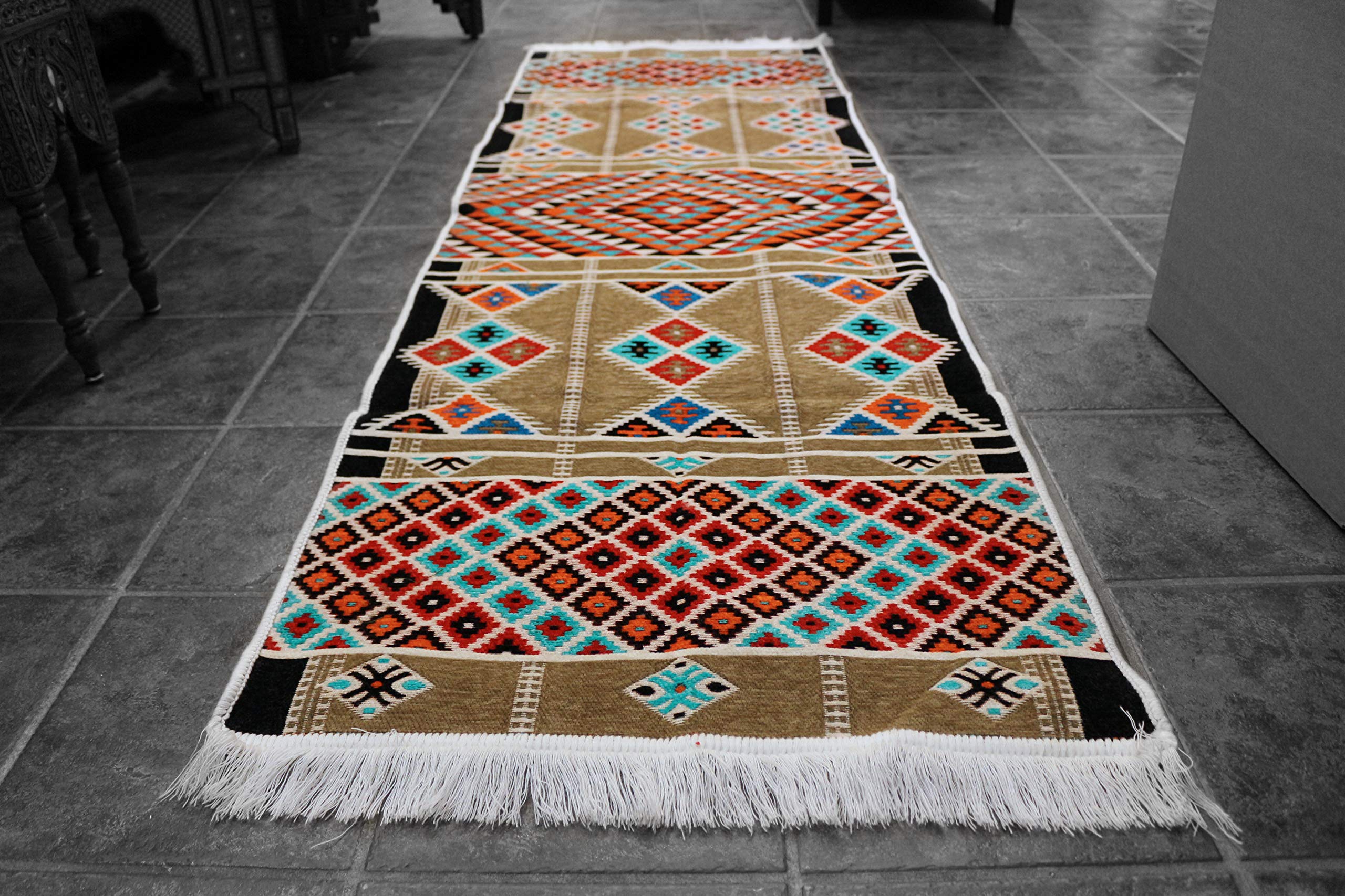 Camino de alfombra Kelim El Orient 65x200 cm con flecos para pasillo