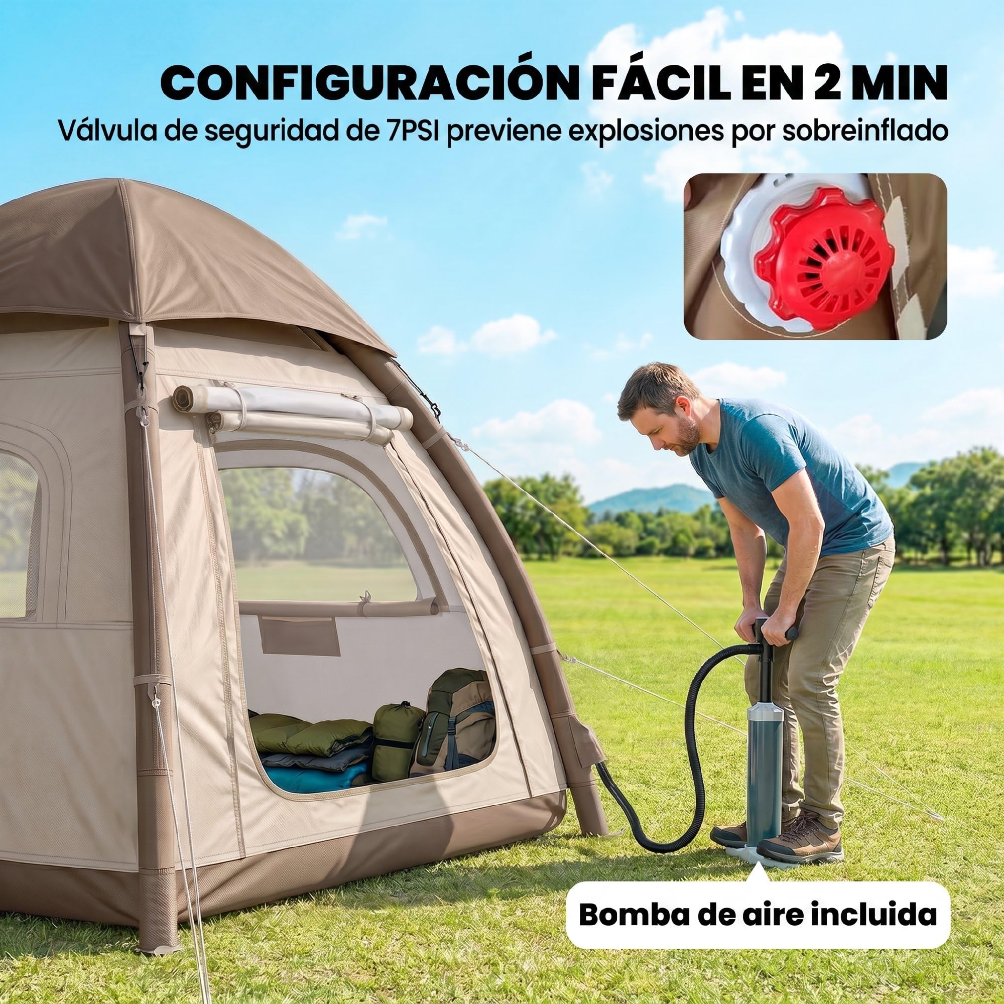 Outsunny Tienda de Campaña Inflable con Mosquitera para 3–4 Personas | Tienda de Campaña con Vestíbulo, Bomba, UPF30+, Puertas, Bolsa Transporte, Montaje Rápido, Cubierta Impermeable 3000 mm