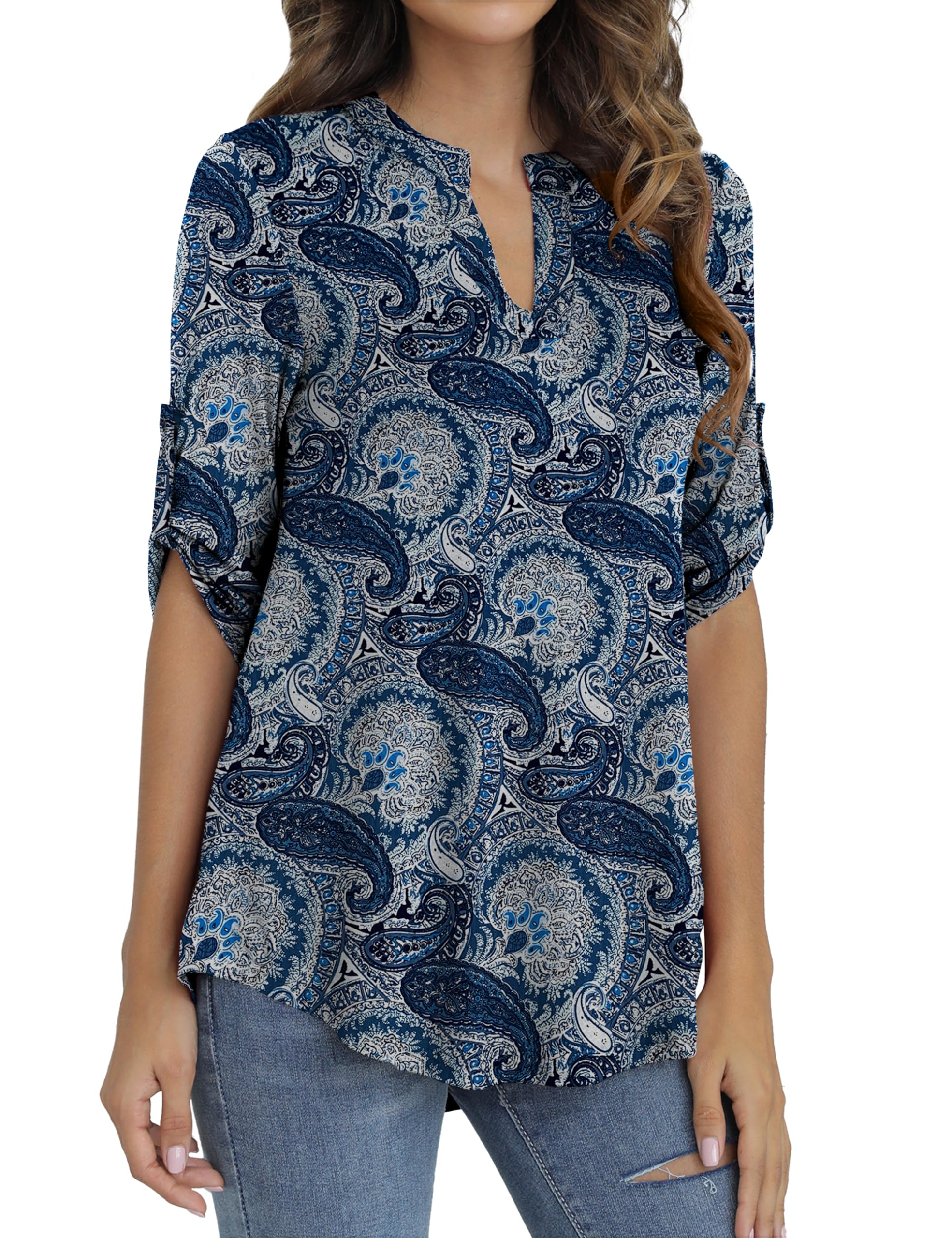 GingDin Blusas y camisas de manga 3/4 para mujer, talla grande, estampado floral, cuello en V, tallas L, 1XL, 2XL, 3XL, 4XL
