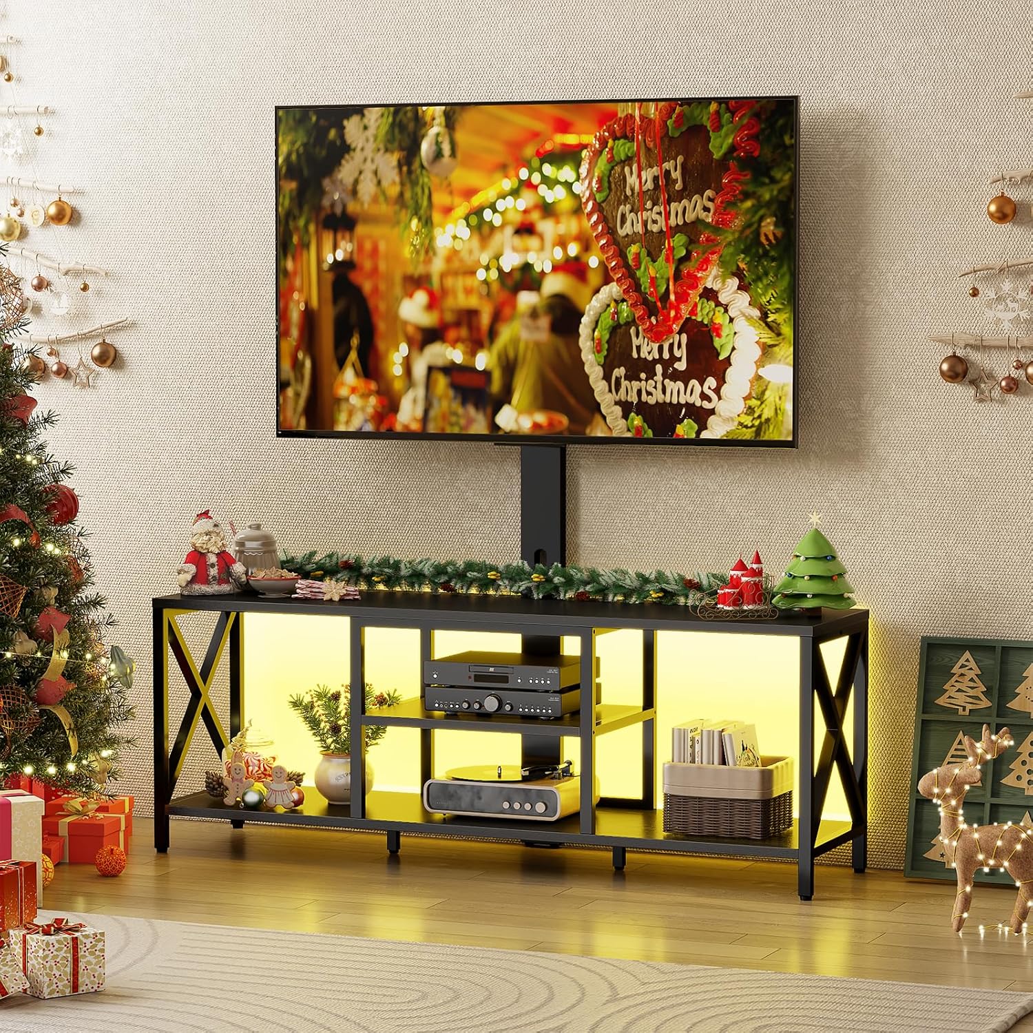 Flycity TV Stand with Mount and LED Lights, Universal TV Stand Mount for 32-75 inch TV, Entertainment Center with Storage, Metal TV Console Table Height Adjustable TV Stands for Living Room, Black