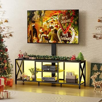 Flycity TV Stand with Mount and LED Lights, Universal TV Stand Mount for 32-75 inch TV, Entertainment Center with Storage, Metal TV Console Table Height Adjustable TV Stands for Living Room, Black