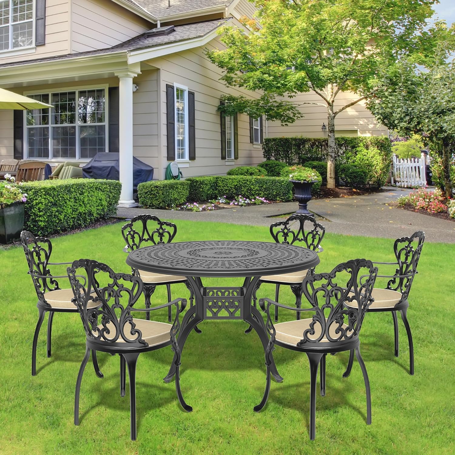 7pcs Cast Aluminum Patio Set with Cushions (Black Frame Multi Color Cushions) – Outdoor Dining Table 6 Chairs for, Deck, Pool