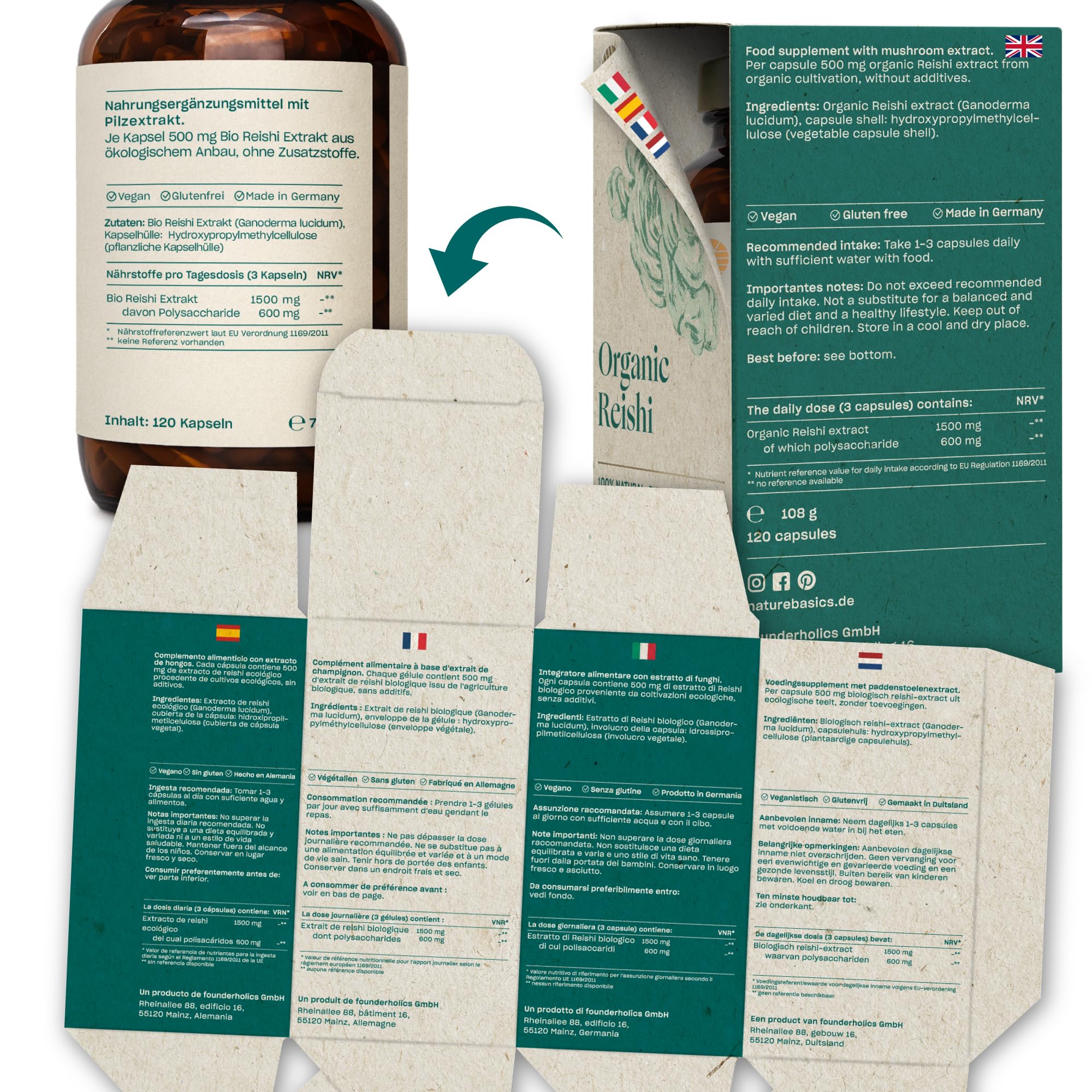 Reishi biologico - 120 capsule ad alto dosaggio / 1500 mg di estratto di Reishi biologico di alta qualità con 600 mg di polisaccaridi per dose giornaliera/Vegano e certificato