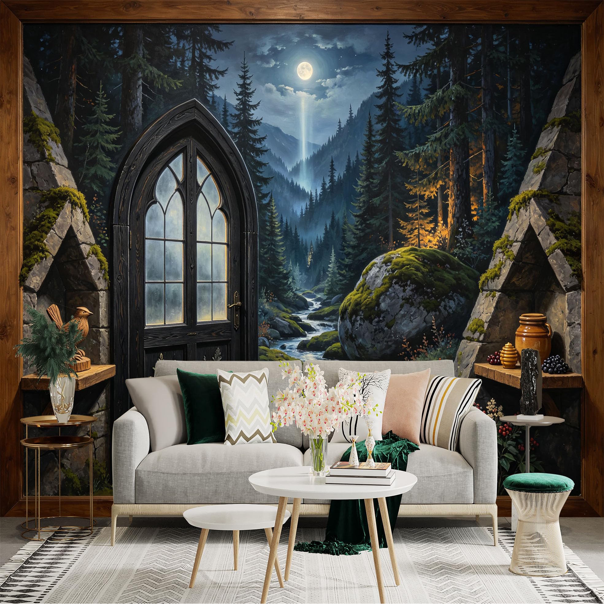 Custom Size Wall Sticker Mural， Moonlit Forest Stream with Stone Door and Pine Mountains， for wall Decoration， peelandstick wall Decals.