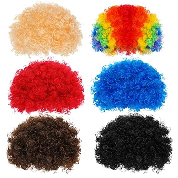 jiebor 6 Pack Short Curly Afro Hair Funny Clown Hippie Wig for Men Women Adults 70s 80s 90s Halloween Party Black, Red, Blue, Brown, Blonde