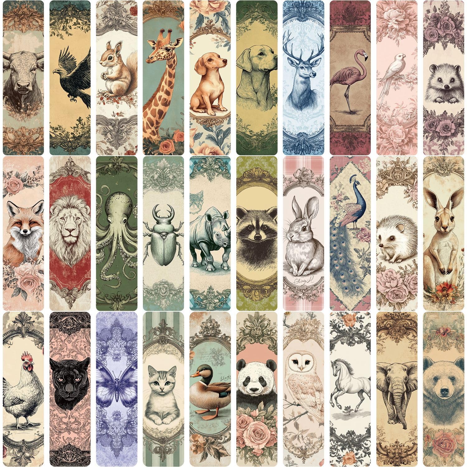 30pcs Vintage Paper Bookmarks Retro Animals Themed Reading Book Mark Aesthetic Book Accessories for Book Lovers Gifts School Essential Stationery (N)