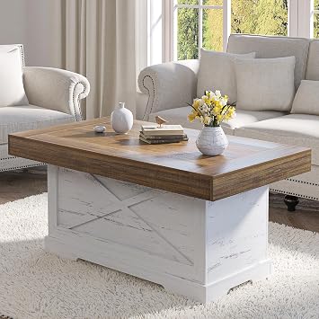 Lareth 39 in Rustic Coffee Table for Living Room with X-Design, Rectangle | Rustic Center Table, X-Design Wooden Pedestal, Space Saving, Home Office Tea Accent Table Apartment, Antique White Walnut