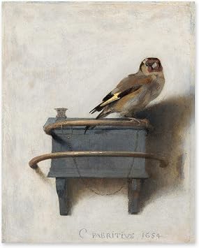 CLOUD NINE PRINTS Fabritius, The Goldfinch Bird Painting Print - Unframed | Baroque classical perched pet wildlife art. Soft cream and muted slate tones on archival matte paper. Chic study wall decor.