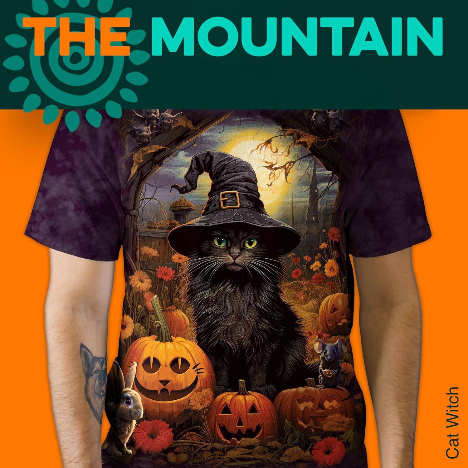 The Mountain Cat Witch T-Shirt | Halloween Black Cat Shirt with Pumpkins | Funny Spooky Graphic Tee for Men & Women