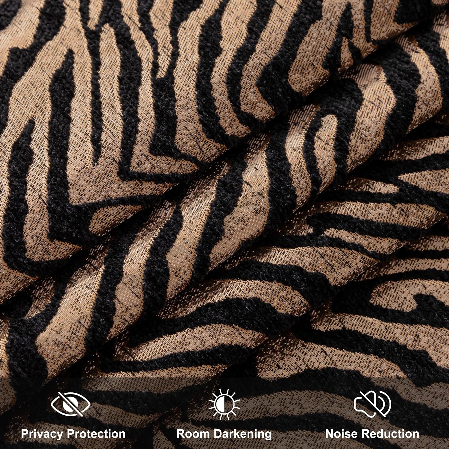 Luxury Zebra Print Curtains for Living Room, Stylish Wild Animal Chenille Jacquard Blackout Window Curtains with Tiebacks, Grommet Lined Black Gold Curtain for Bedroom(2 Panels, 52”x 84”)