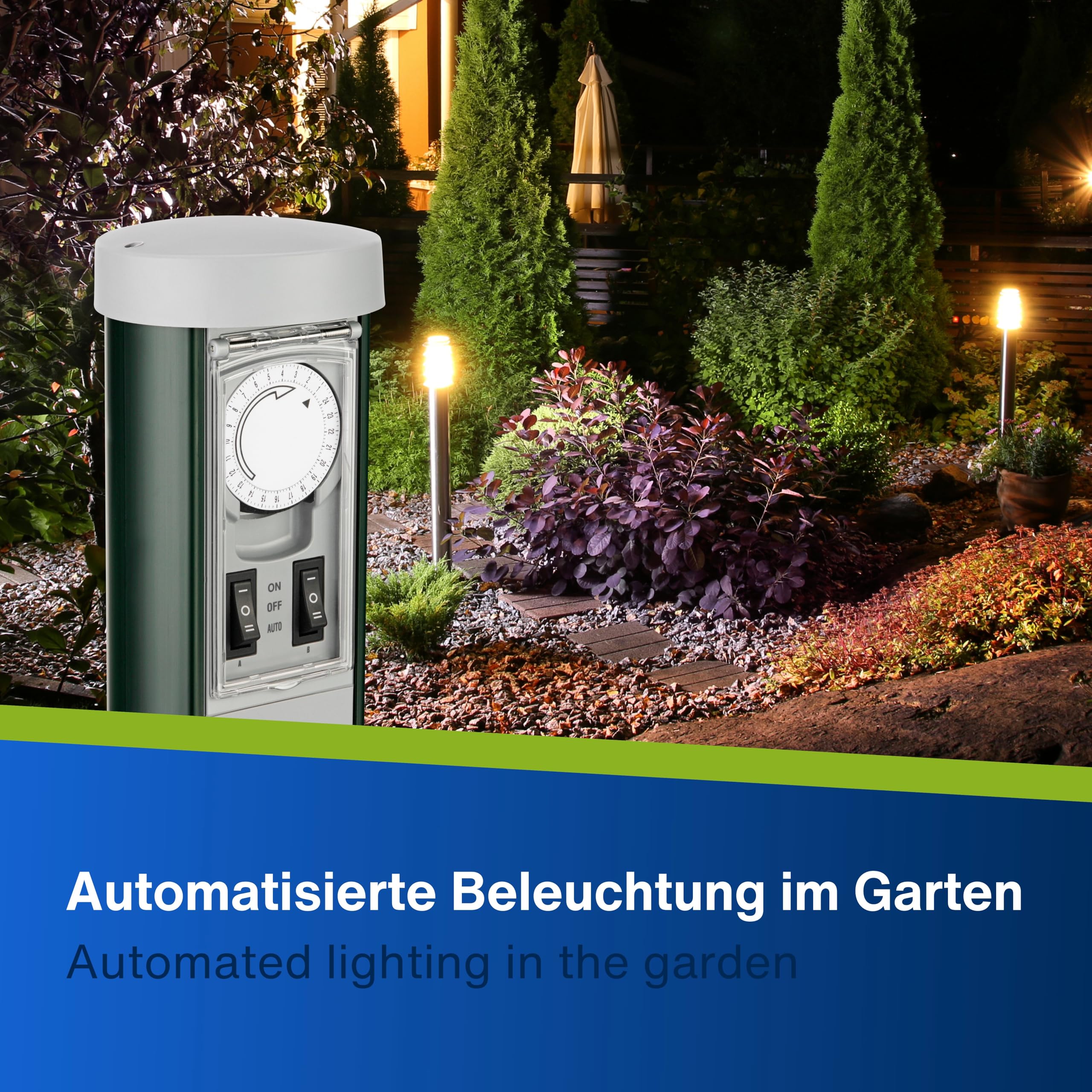 Rev Ritter 0068206261 GC - Presa elettrica multipla da giardino, 2 prese e cavo da 10 m, a colonnina, con temporizzatore