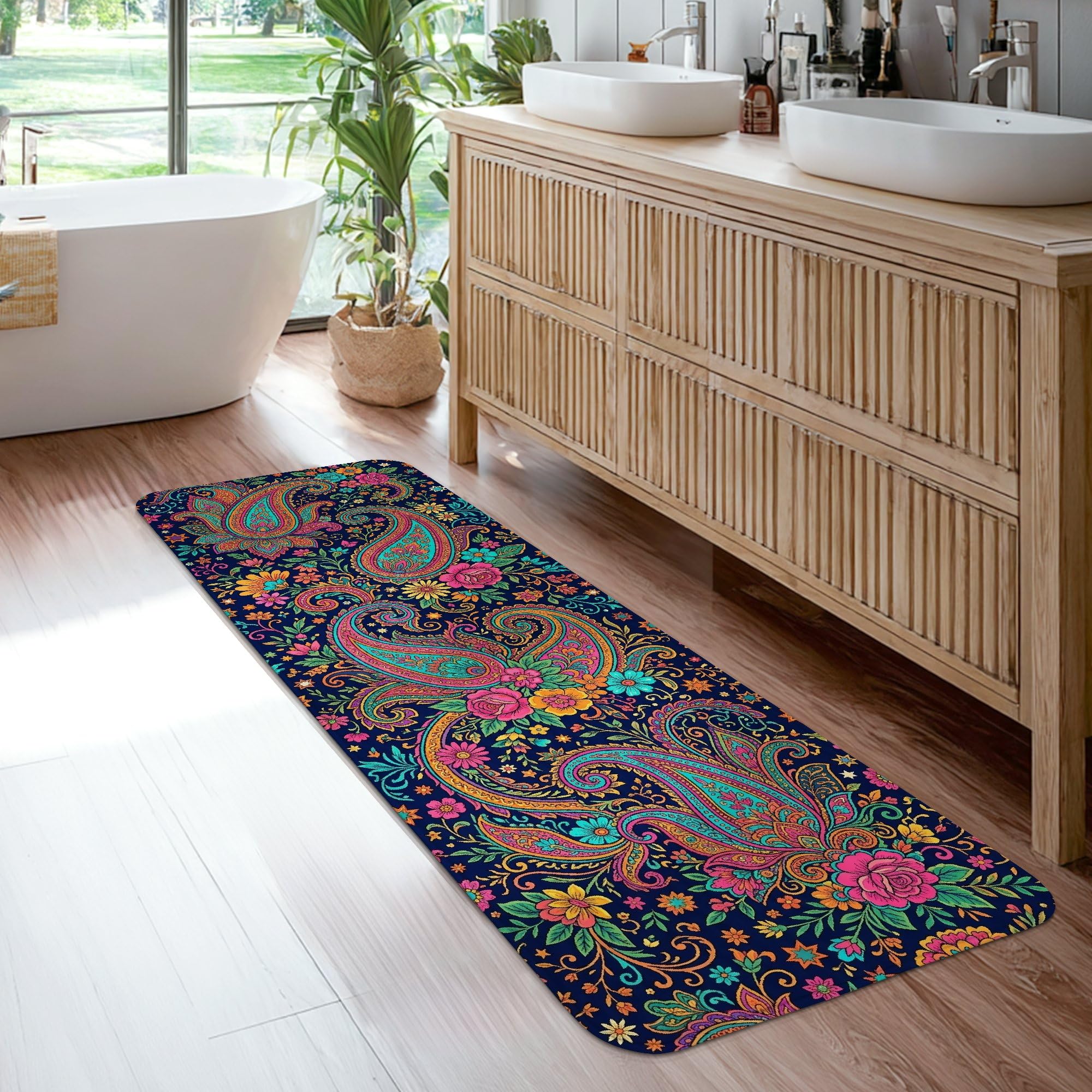 Tapis de couloir style bohème vintage motif cachemire bleu marine