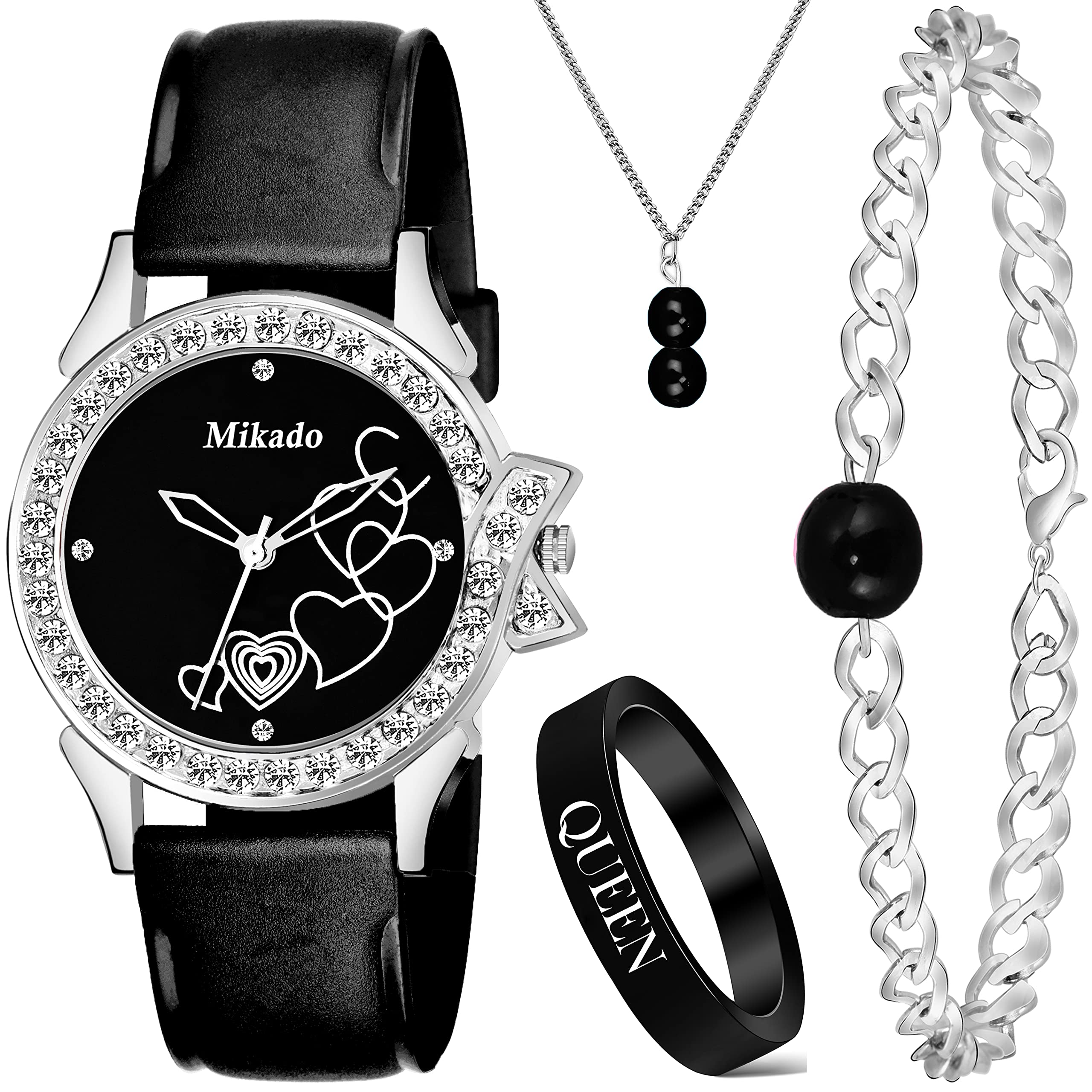 Mikado Glorious Black Analog Watch and Pendant with Bracelet and Ring for Girls and Women (B09WRLF3LG) Amazon Price History, Amazon Price Tracker