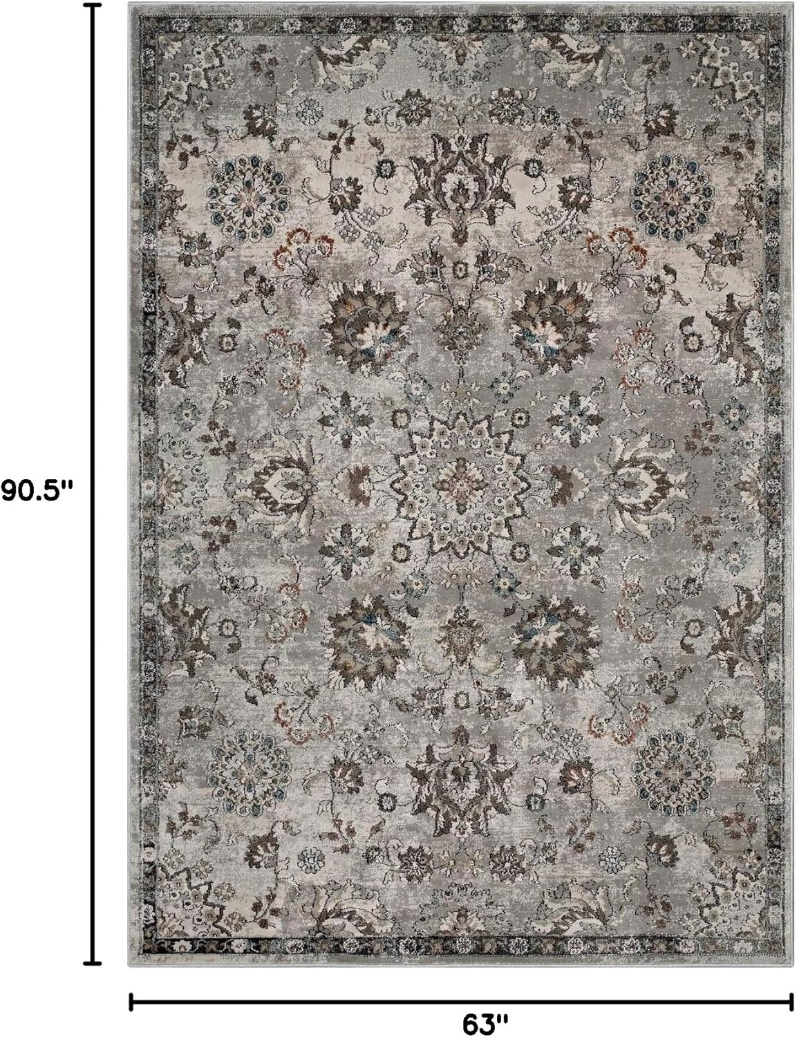 Modway Hana Distressed Vintage Floral Lattice 5x8 Area Rug In Silver Blue, Beige and Brown