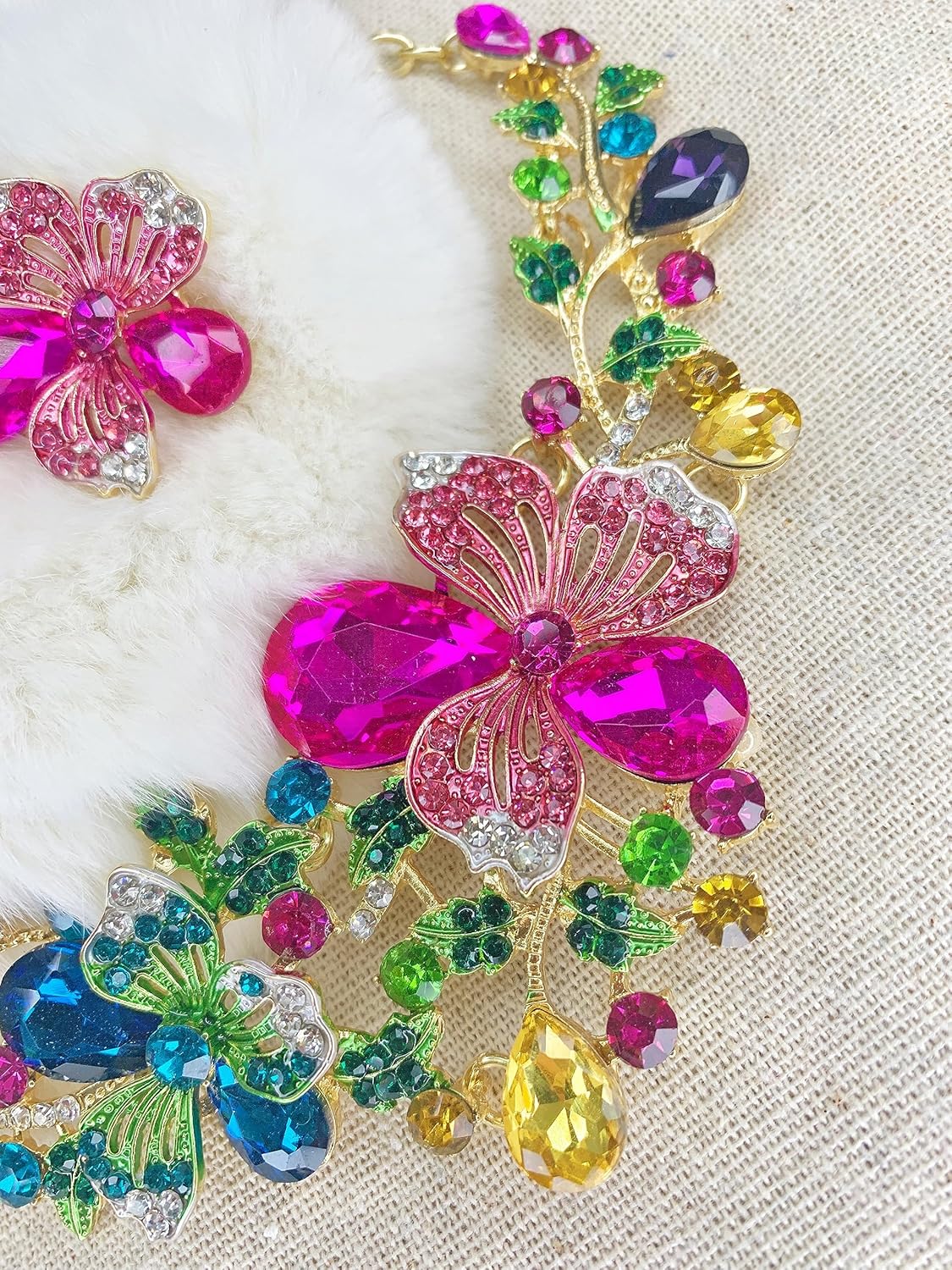 Crystal Flower Bib Statement Necklace Set Chunky Diamond Flower Statement Necklace & Earrings Drama Bib Collar Jewelry Set for Women Prom Party Jewelry - Image 3