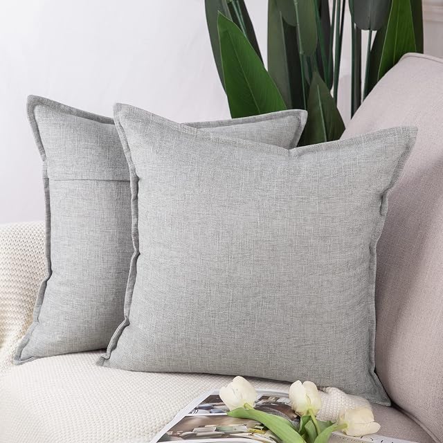 Madizz Set of 2 Linen Cushion Covers 22x22 Inch Light Grey Soft Decorative Throw Pillow Cases for Sofa Bedroom Pillow Shell
