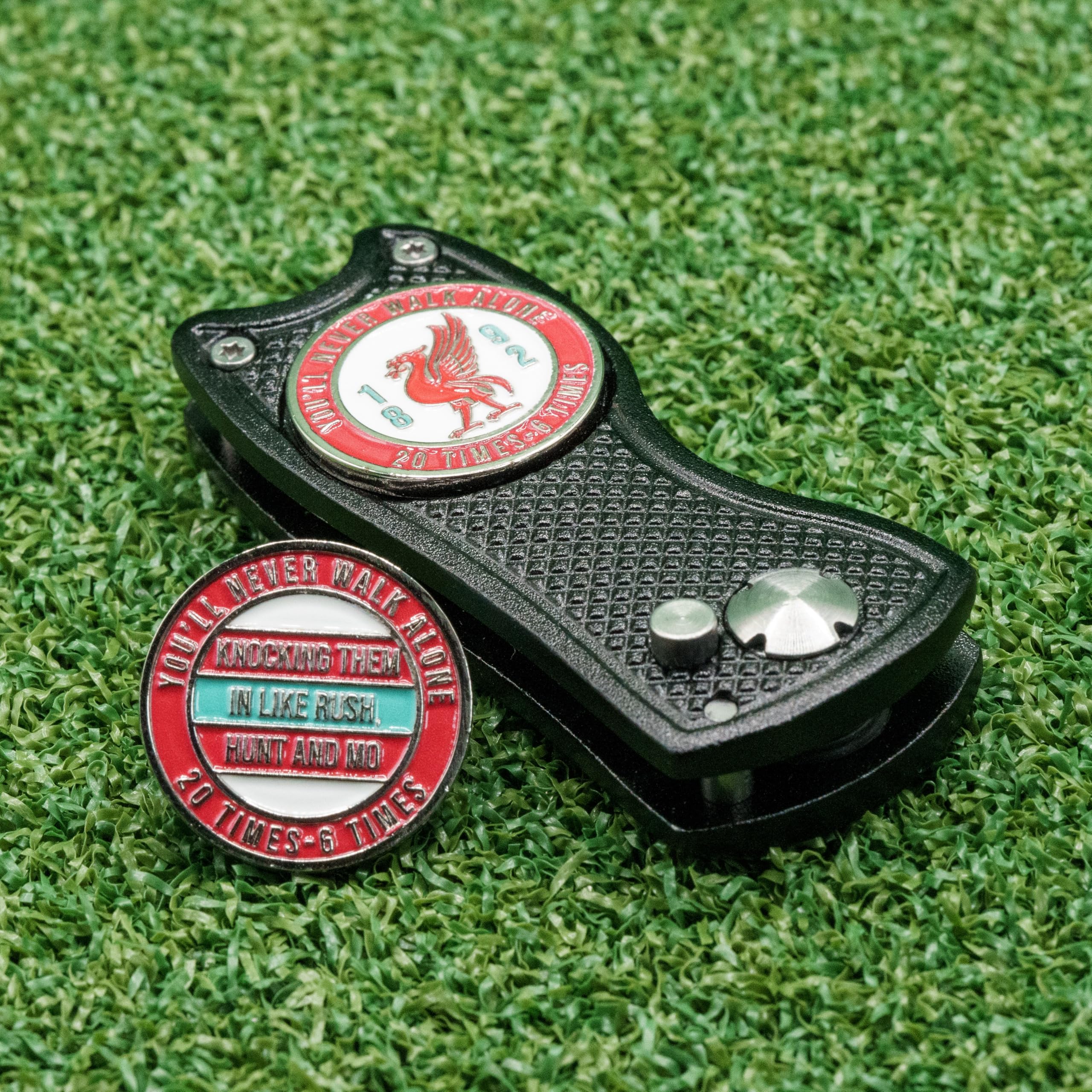 Liverpool (20 Times) Ball Marker with Golf Divot Repair Tool - Gift Combo. Pitch Mark Tool has Pop-up Button & Foldable Tines to Protect Pockets. Lightweight, Portable. (Black)
