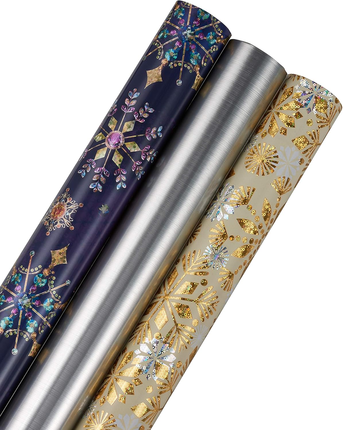 Papyrus Wrapping Paper Rolls for Christmas, Hanukkah, and All Holidays, Snowflakes Print and Metallic Silver (3 Rolls, 62.5 sq. ft.)