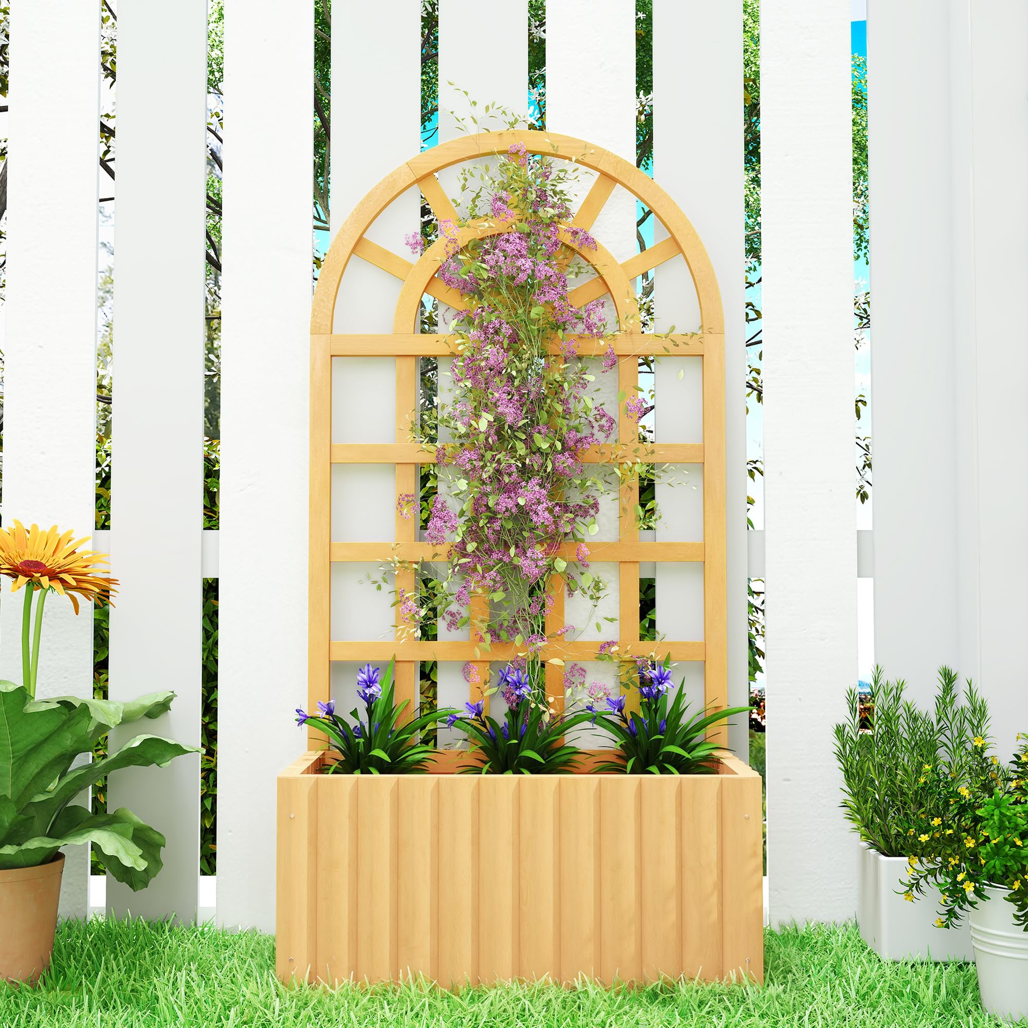 Outsunny Fioriera con griglia in legno, grande fioriera da esterno per piante rampicanti, con fori di drenaggio, vaso rialzato per giardino, patio, terrazza, 60x30x120 cm, naturale
