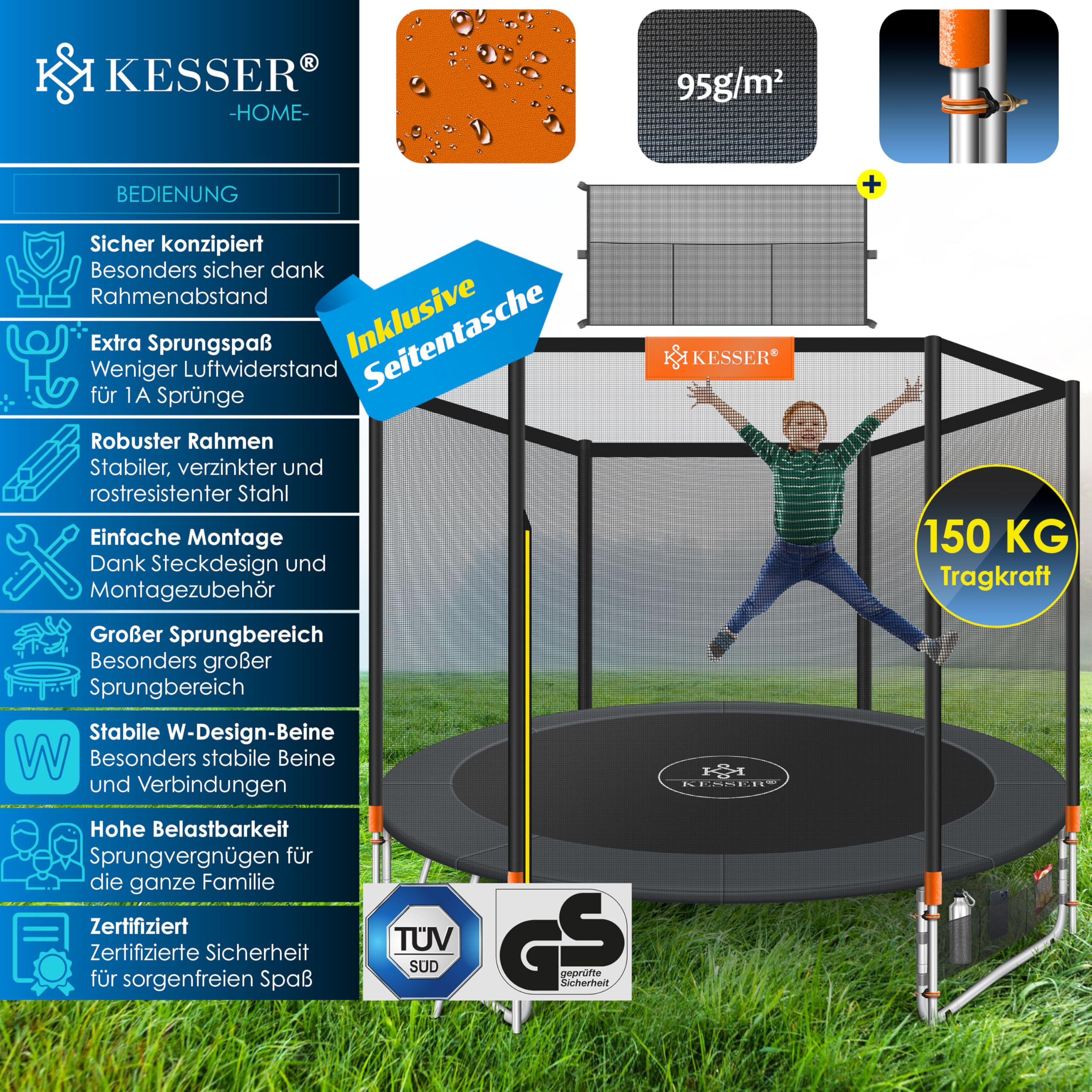 KESSER® Trampolino | Set Completo con Rete di Sicurezza, Scala, Copri Bordo e Accessori | Trampolino da giardino per bambini, 150 kg
