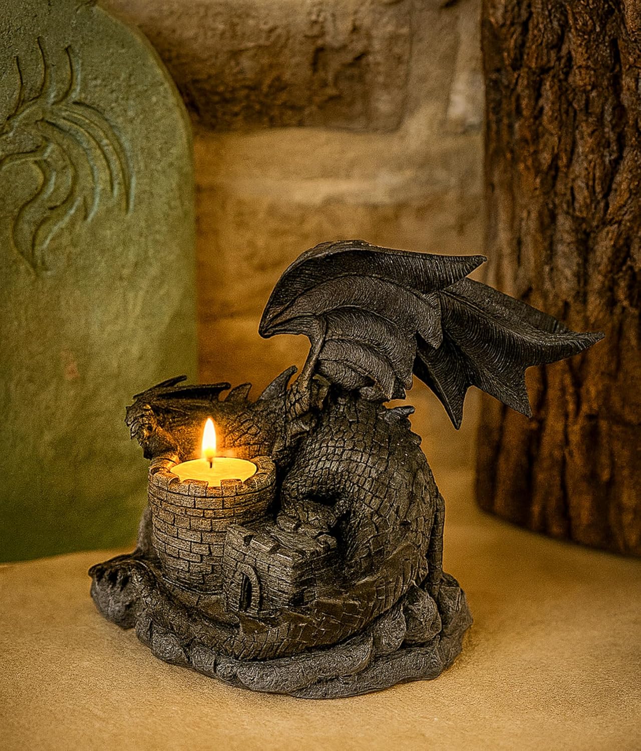 XXL Tea Light Holder Dragon Castle - Dragon Guard Figure Gothic - Fantasy Decoration - Candle Holder Medieval Sculpture Gift - 18 x 19 x 15 cm Polyresin