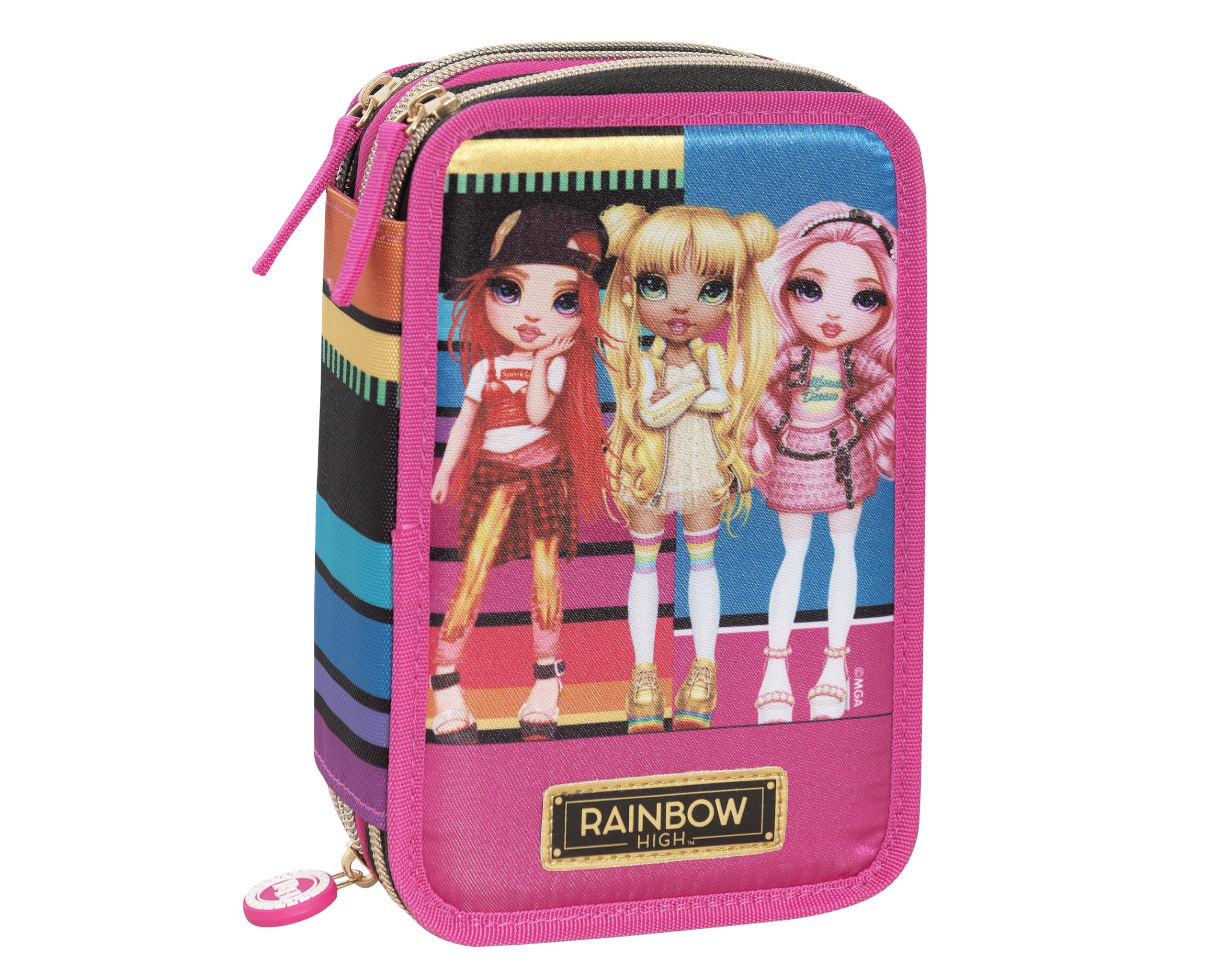 Franco Cosimo Panini Rainbow High - Estuche escolar oficial Rainbow High, estuche de 3 compartimentos para niña con juego de papelería, bolígrafo borrable azul Frixion y práctico cierre de cremallera,