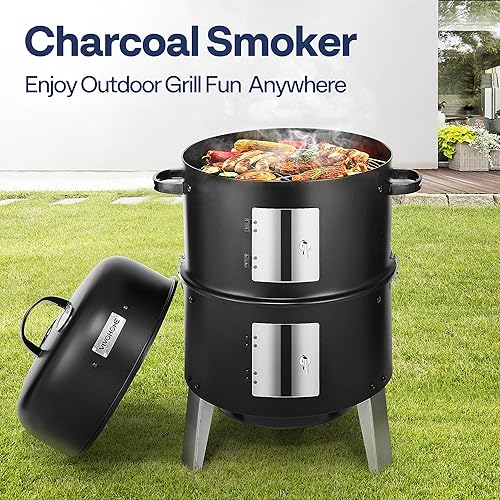 Miniatura 6 de VIVOHOME Ahumador vertical de carbón 3 en 1, parrilla ahumadora de barbacoa con termómetro integrado, ventilación de aire y 2 puertas de acceso,
