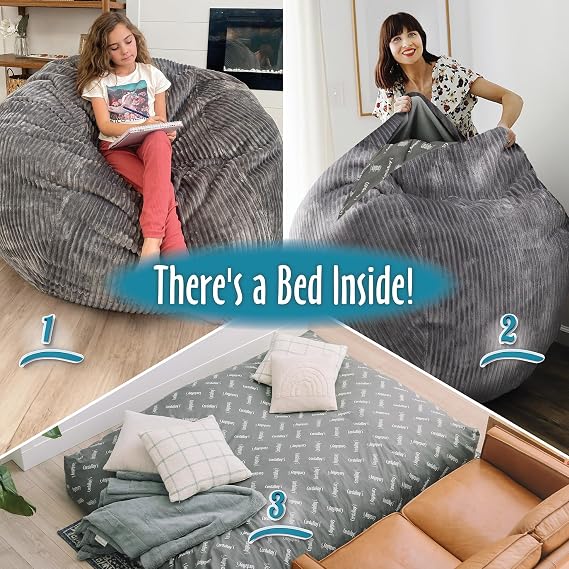 CordaRoy's Plush Bean Bag - Convertible Bean Bag Chair - Machine-Washable Plush Fabric Cover - for Basement, Living Room, Game Room, Dorm & More - Full Size - Grey | Made in The USA