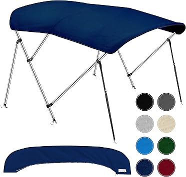 3 Bow Bimini Tops for Boats, Fadeproof, Support Poles, Storage Boot, 900D Marine Canvas, Sun Shade Boat Canopy, Universal Boat Cover for Pontoon, V-Hull, Fishing, Bass Boat 61-66", Navy Blue