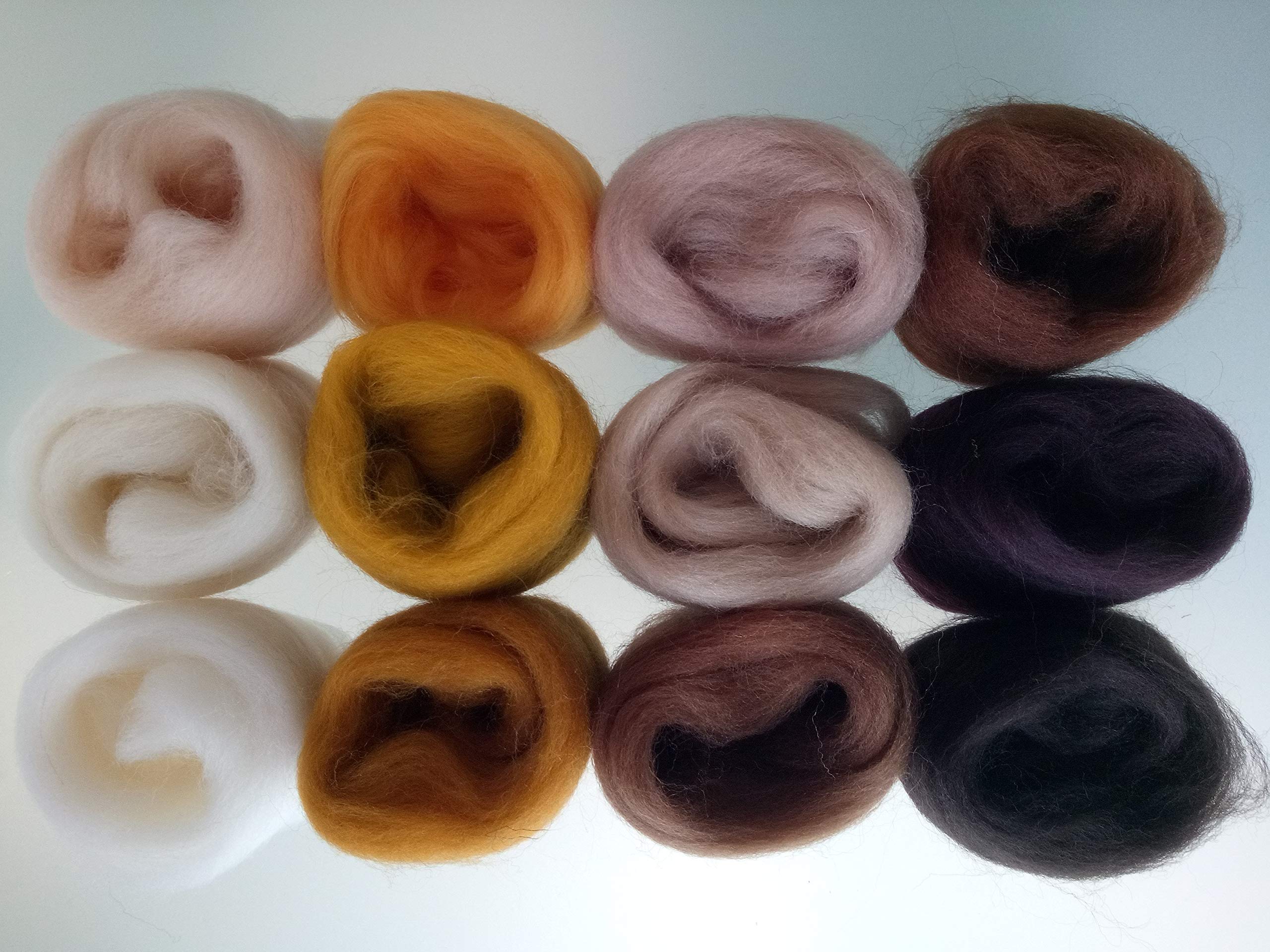 Assorted Colour Wool Sets* Pure Merino Wool for Needle and Wet Felting Wool Tops, Packs of 60g (Set J)