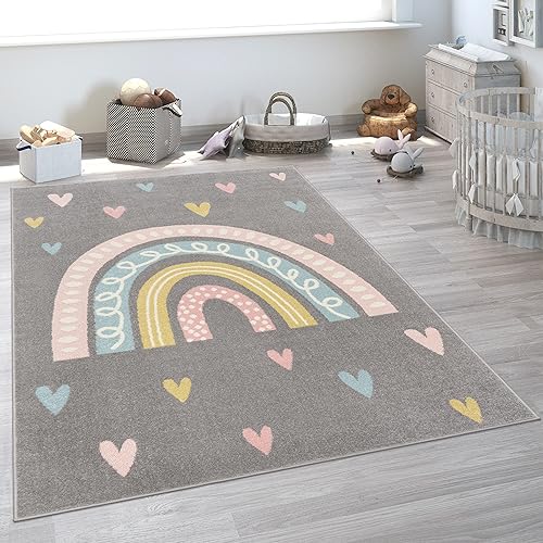 Miniatura 5 de Paco Home Alfombra de habitación infantil con arco iris y corazones en gris, tamaño 2'8" x 4'11"