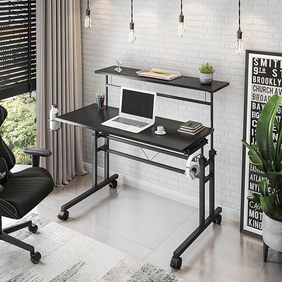 Techni Mobili Rolling Adjustable Height Writing Desk with Cup Holder, Black | Mobile, Wheels, Gaming, Sitting Or Standing, Height Adjustable, Standing Desk, Ideal for home office