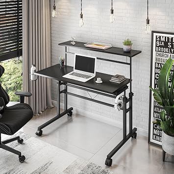 Techni Mobili Rolling Adjustable Height Writing Desk with Cup Holder, Black | Mobile, Wheels, Gaming, Sitting Or Standing, Height Adjustable, Standing Desk, Ideal for home office