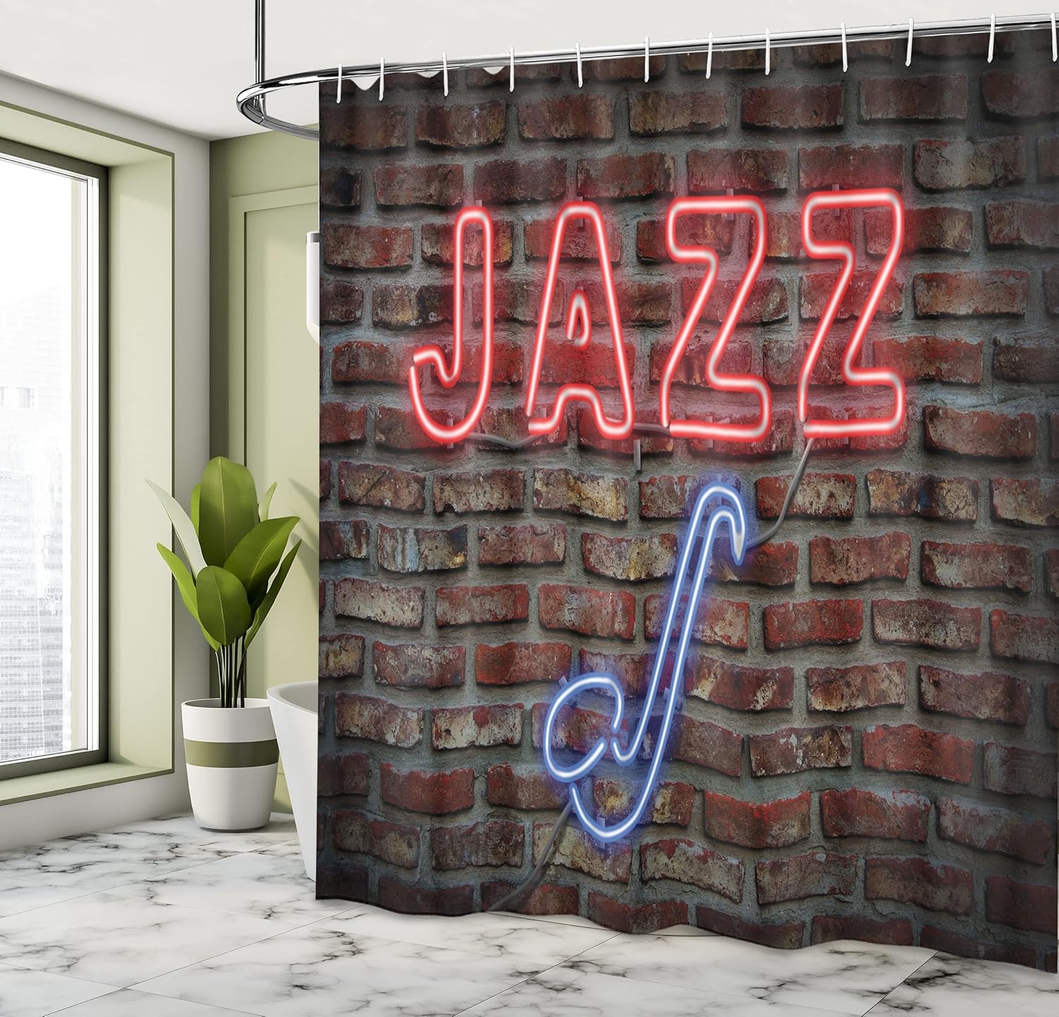 Ambesonne Music Shower Curtain, Image of Alluring Neon All Jazz Sign Saxophone Instrument on Brick Wall Print, Cloth Fabric Bathroom Decor Set with Hooks, 69" W x 75" L, Red Blue