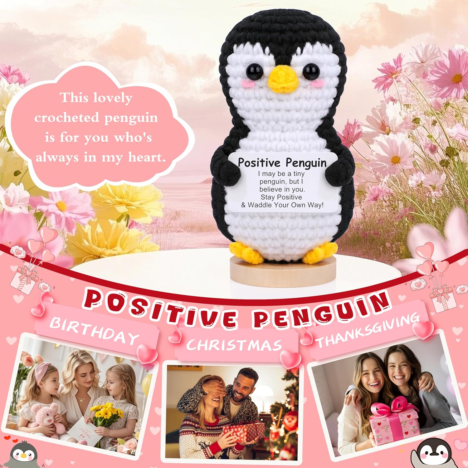 JoycuFF Mini Positive Crochet Penguin, Funny Graduation Birthday Gifts for Women Men Friend Daughter Coworker, Valentines Day Emotional Cute Penguin Present - Image 5