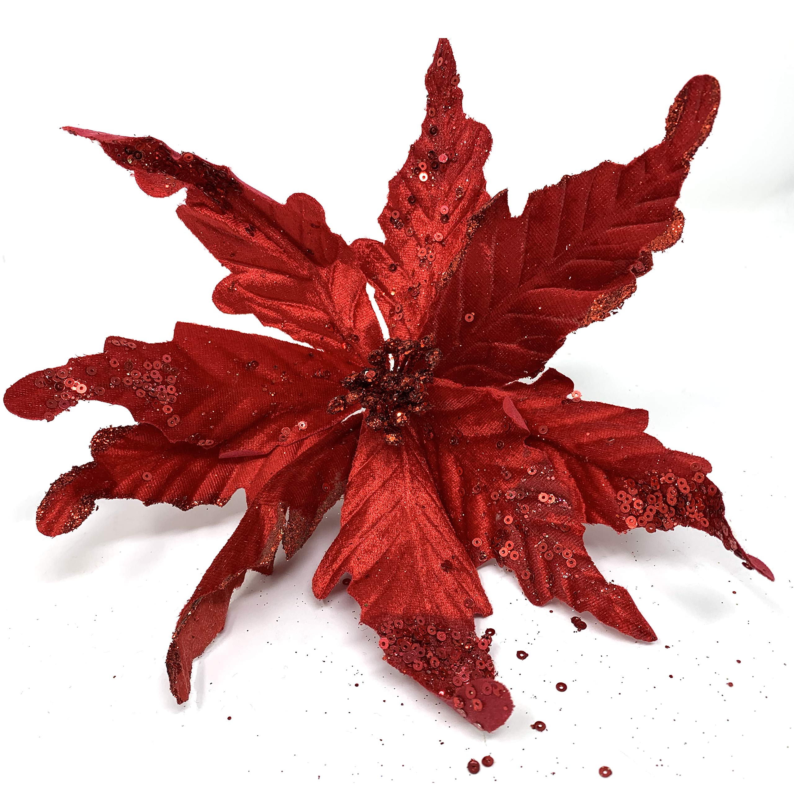allgala 6-PK Glitter and Sequin Decorated Fabric Poinsettia Artificial Christmas Flower with Clips-Red-XF93303
