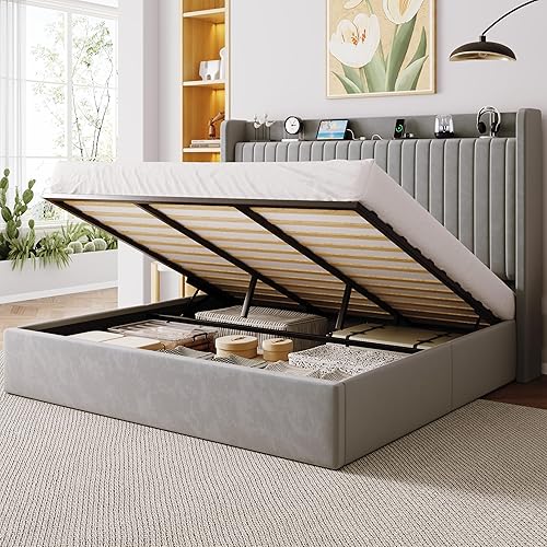 Allewie King Size Lift Up Storage Bed Frame,Storage Shelf Headboard