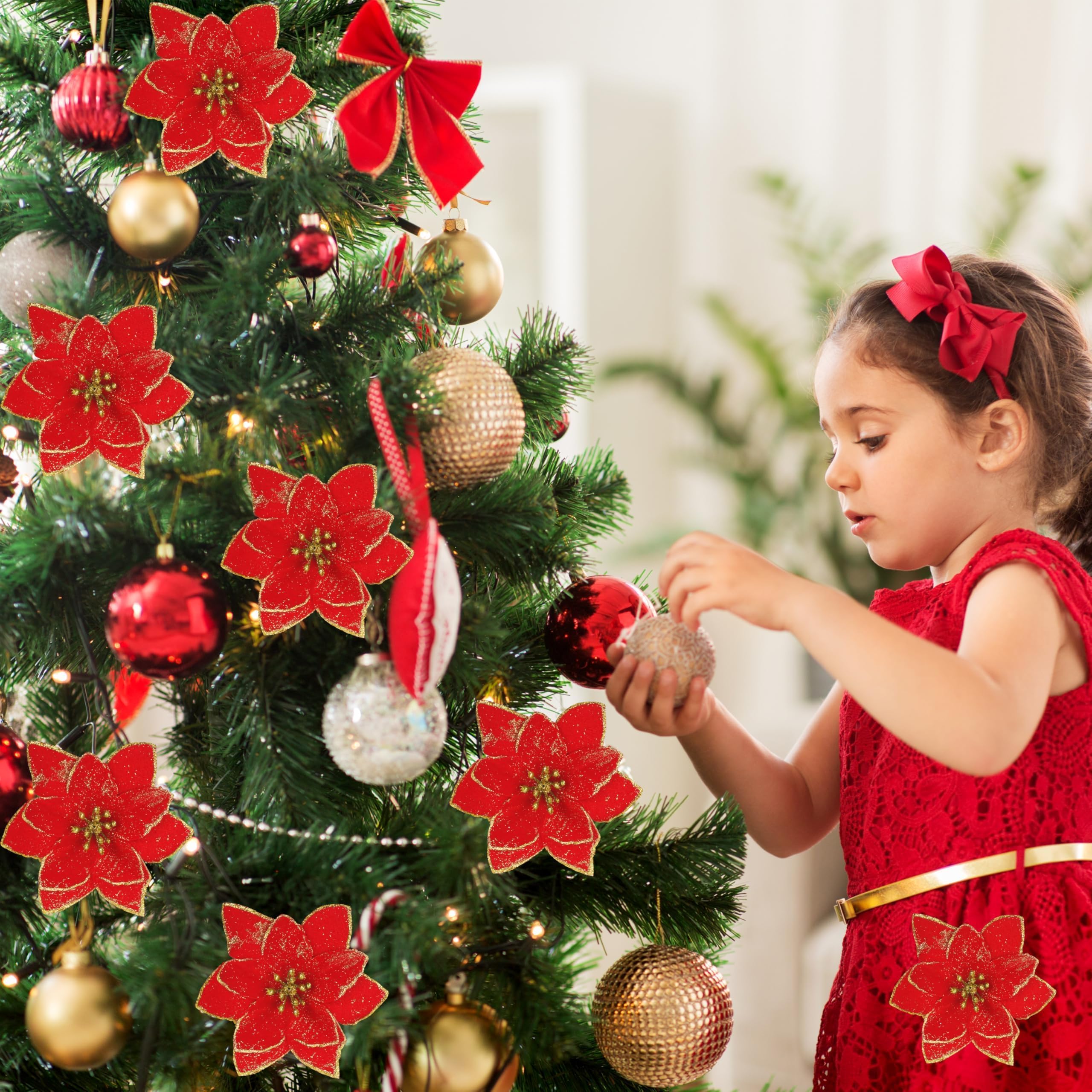 OCTERIC 36 flores de Pascua artificiales con purpurina con clips, corona de Navidad, adornos de árbol de Navidad para decoración de árbol de Navidad, coronas, decoración de vacaciones (rojo)