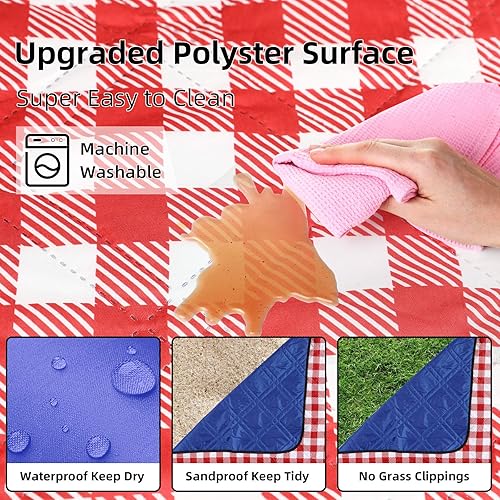Miniatura 4 de Manta de picnic extragrande, impermeable, 80 x 80 pulgadas, manta de picnic a cuadros para playa, al aire libre, camping sobre hierba (rojo y blanco)