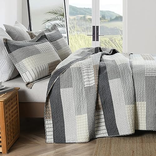 Miniatura 10 de Finlonte Colcha tamaño Queen 100% algodón tamaño Queen, colchas de color azul, beige y blanco, edredones a cuadros, ligeros, suaves y transpirables,