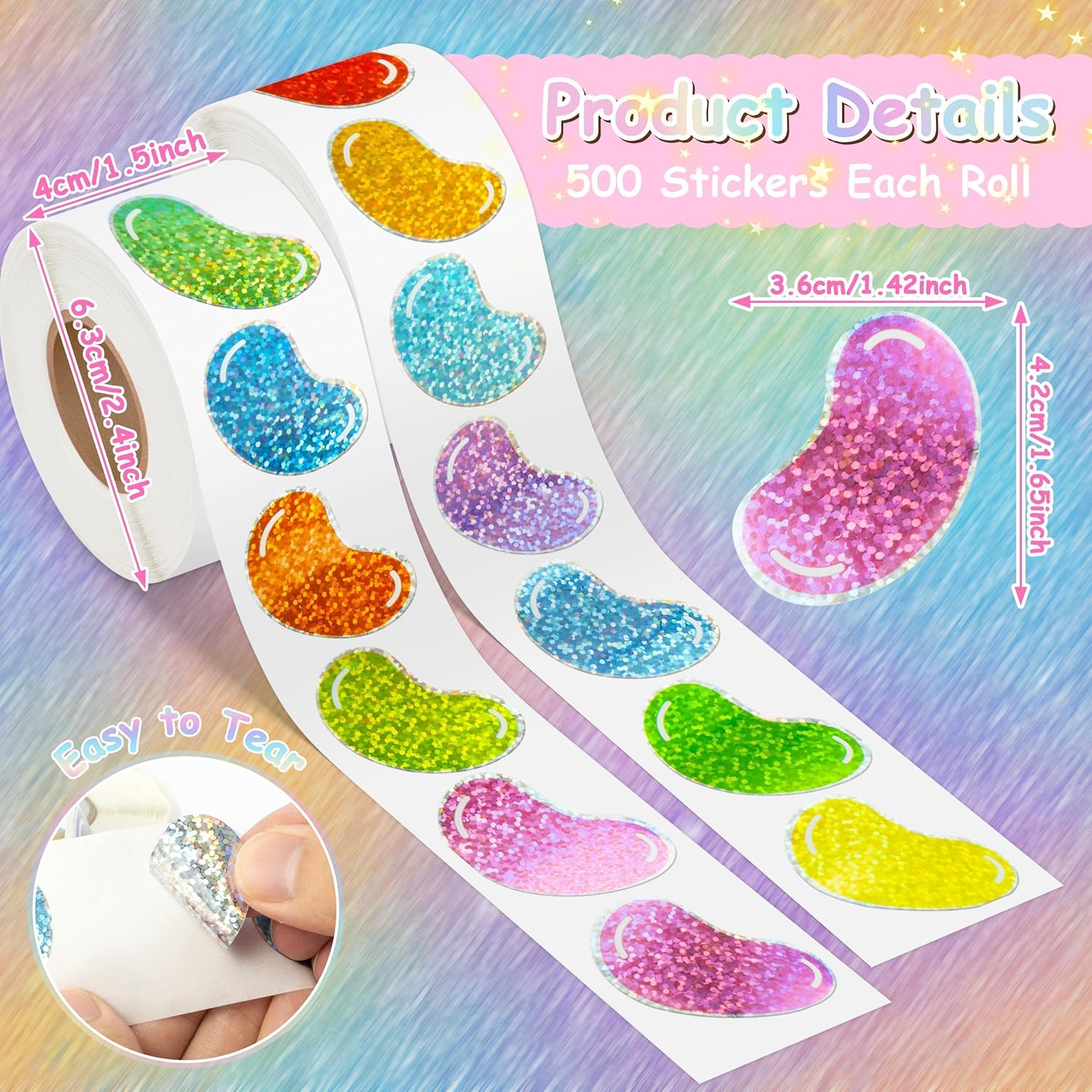 Easter Jelly Bean Sticker - 1000 Pcs Easter Candy Sparkle Glitter Waterproof Vinyl Reusable Laptop Sticker Coloring Book Scrapbook Water Bottle Page Activity Pad Spring Party Favor Skateboard