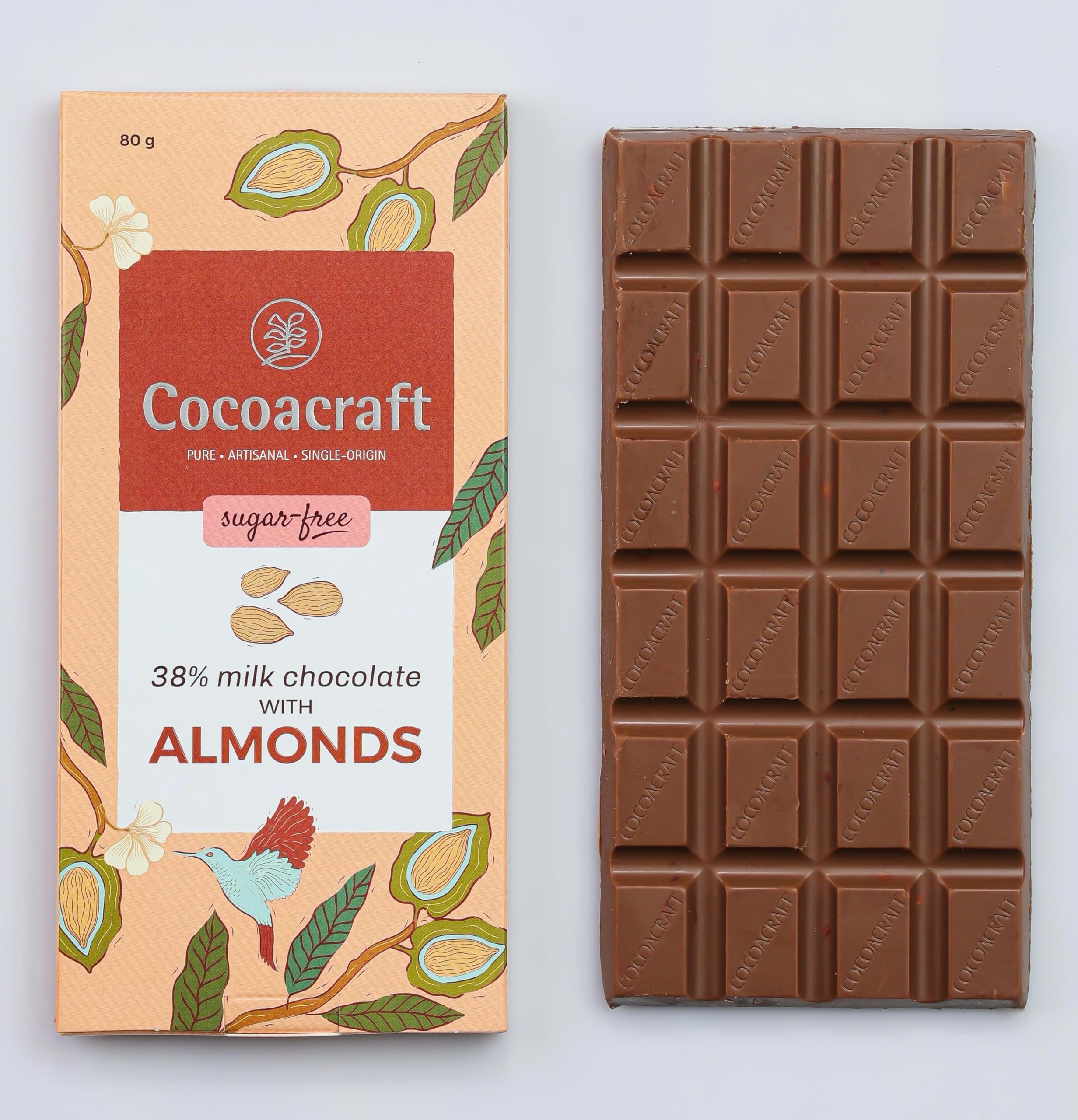 Cocoacraft 38% Milk Chocolate Bar with Almonds (80 grams) Sugar Free Chocolate Bar| 100% Natural| Handmade Artisanal Couverture from Kerala| Ideal for Snacking and Gifting