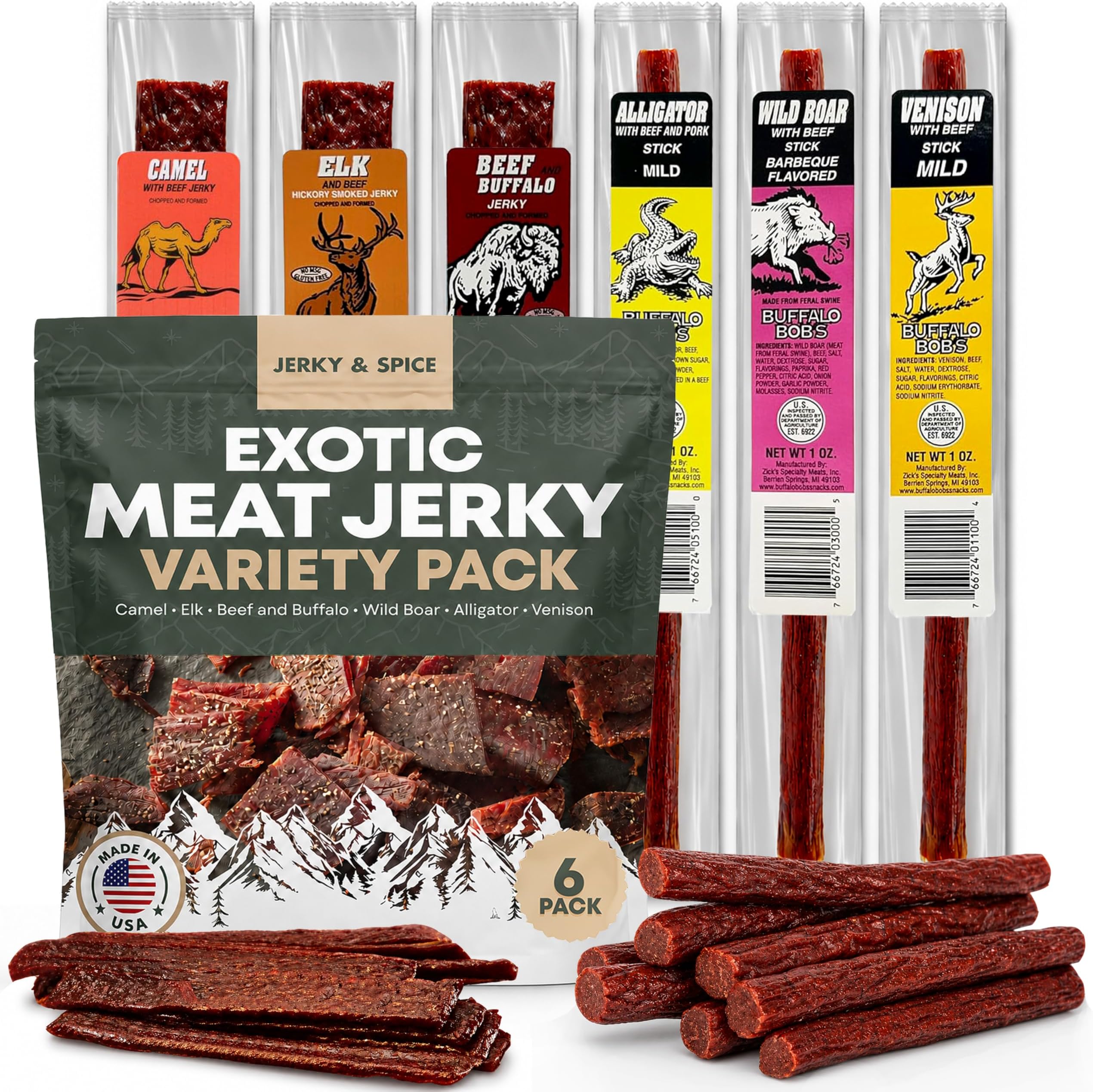 Buffalo Bob's Wild Game Exotic Meat Snacks | Traditional Assortment Sampler | Beef, Alligator, Elk, Venison | Meat Jerky Gift Box | Variety Adventure Snack | Hiking, Camping, Hunting | 6 Exotic Pack