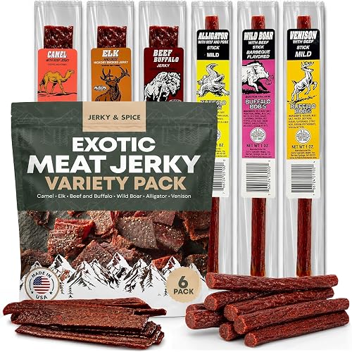 Buffalo Bob's Wild Game Exotic Meat Snacks | Traditional Assortment Sampler | Beef, Alligator, Elk, Venison | Meat Jerky Gift Box | Variety Adventure Snack | Hiking, Camping, Hunting | 6 Exotic Pack