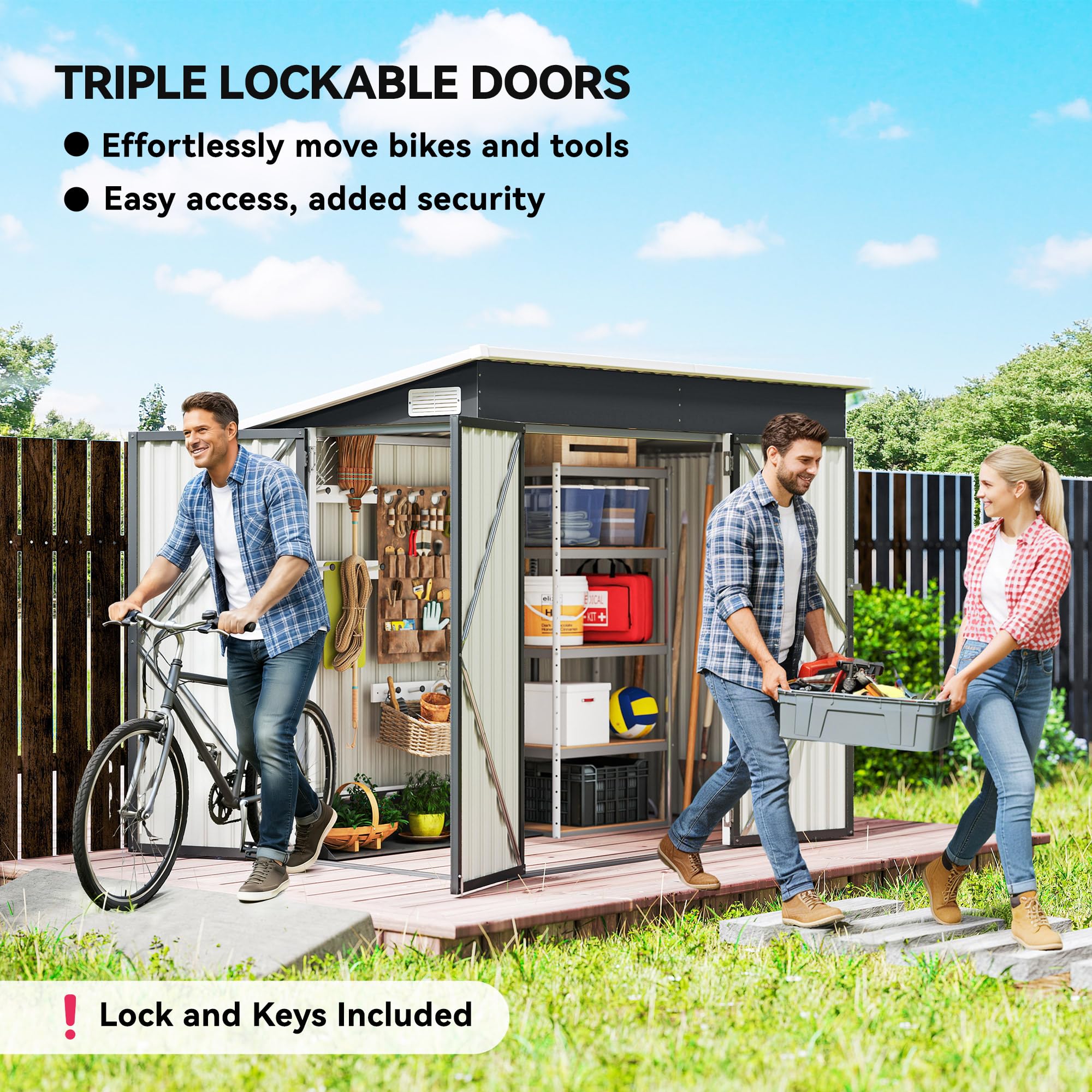 Outsunny 7.5 x 4.3ft Metal Garden Storage Shed, Waterproof Outdoor Shed with Triple Lockable Door, Gloves, Vents and Pitched Roof, Tools Bike Storage for Garden, Patio, Courtyard, Dark Grey — view 3