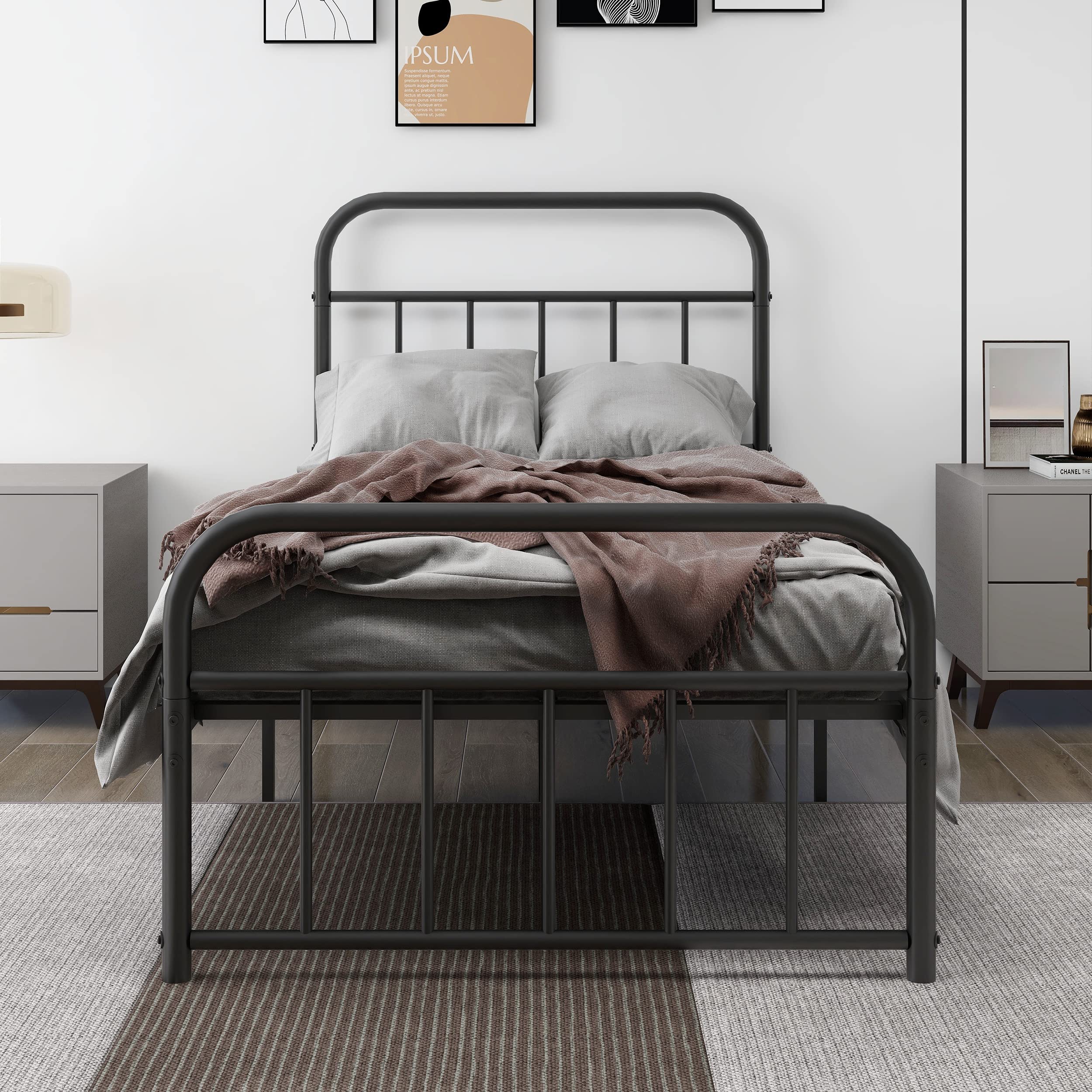 Twin Metal Platform Bed Frame with Vintage Headboard Footboard Extra Strong Support No Box Spring Needed Noise Free Easy Assembly Black